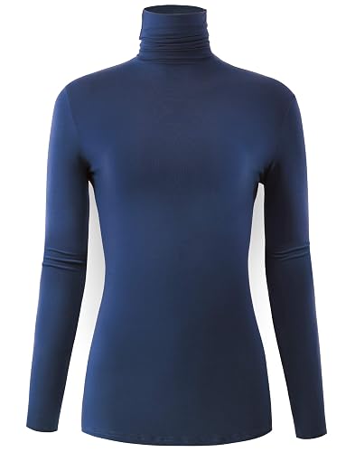 AUHEGN Women's Long Sleeve Lightweight Turtleneck Top Pullover Casual Active Layer Tops Shirts - Small - Navy Blue