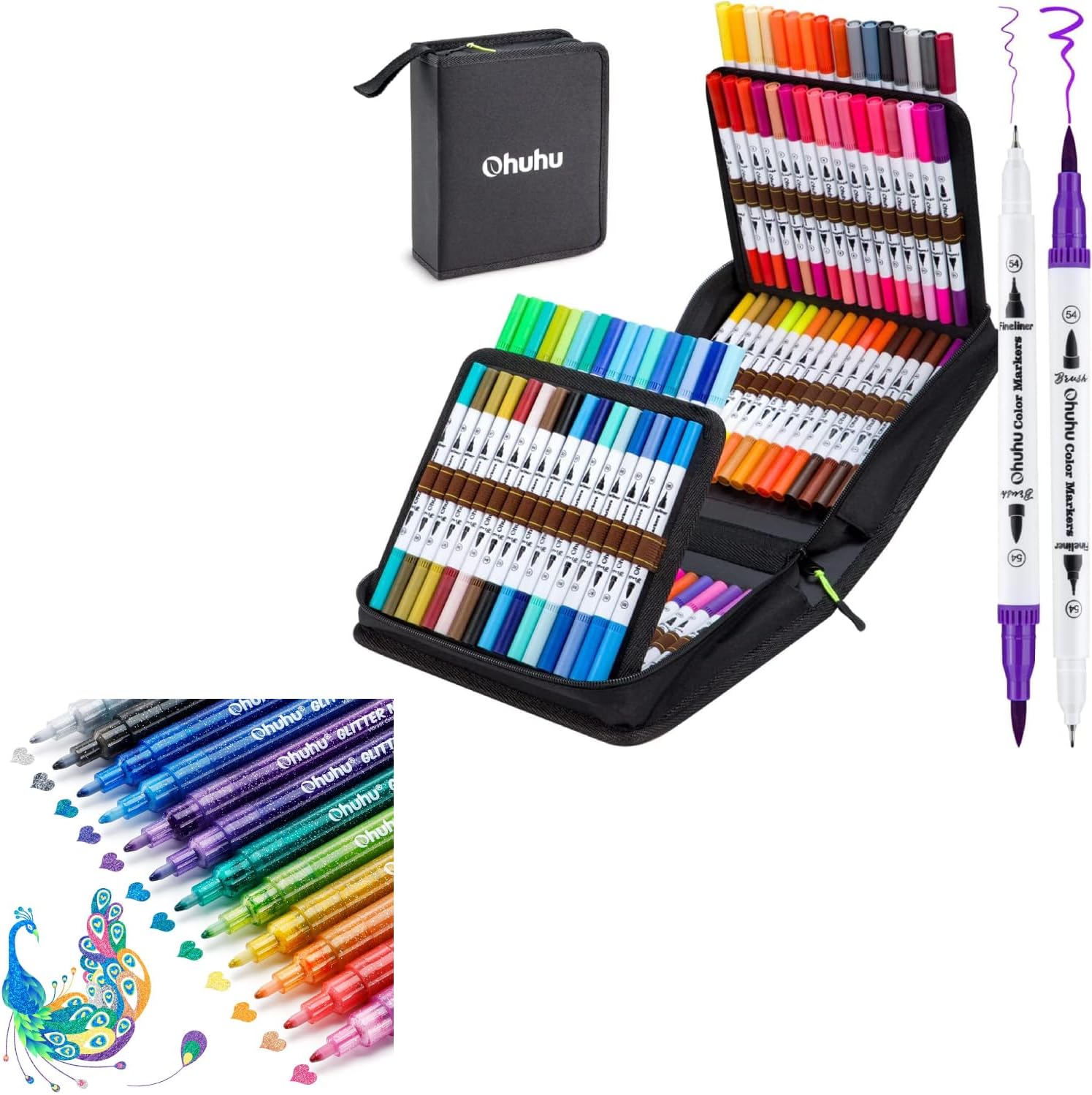 Ohuhu Coloring Markers 100 Colors & Glitter Markers Pen