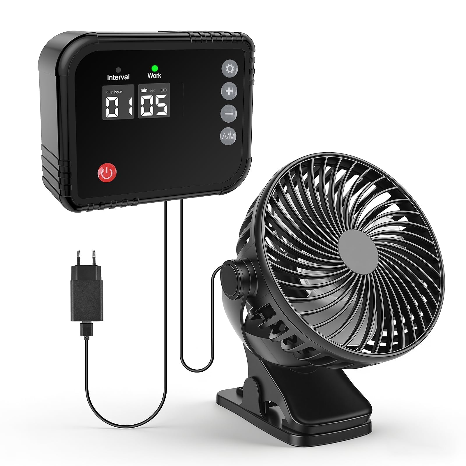 Growbox Ventilator mit Timer, 360° Umluftventilator für Pflanzen, LED Display, 1–60 Min Laufzeit & 1–24 Std Intervall, 2,9 m Kabel, Pflanzenventilator für Gewächshaus, Terrarium und Kleintiergehege