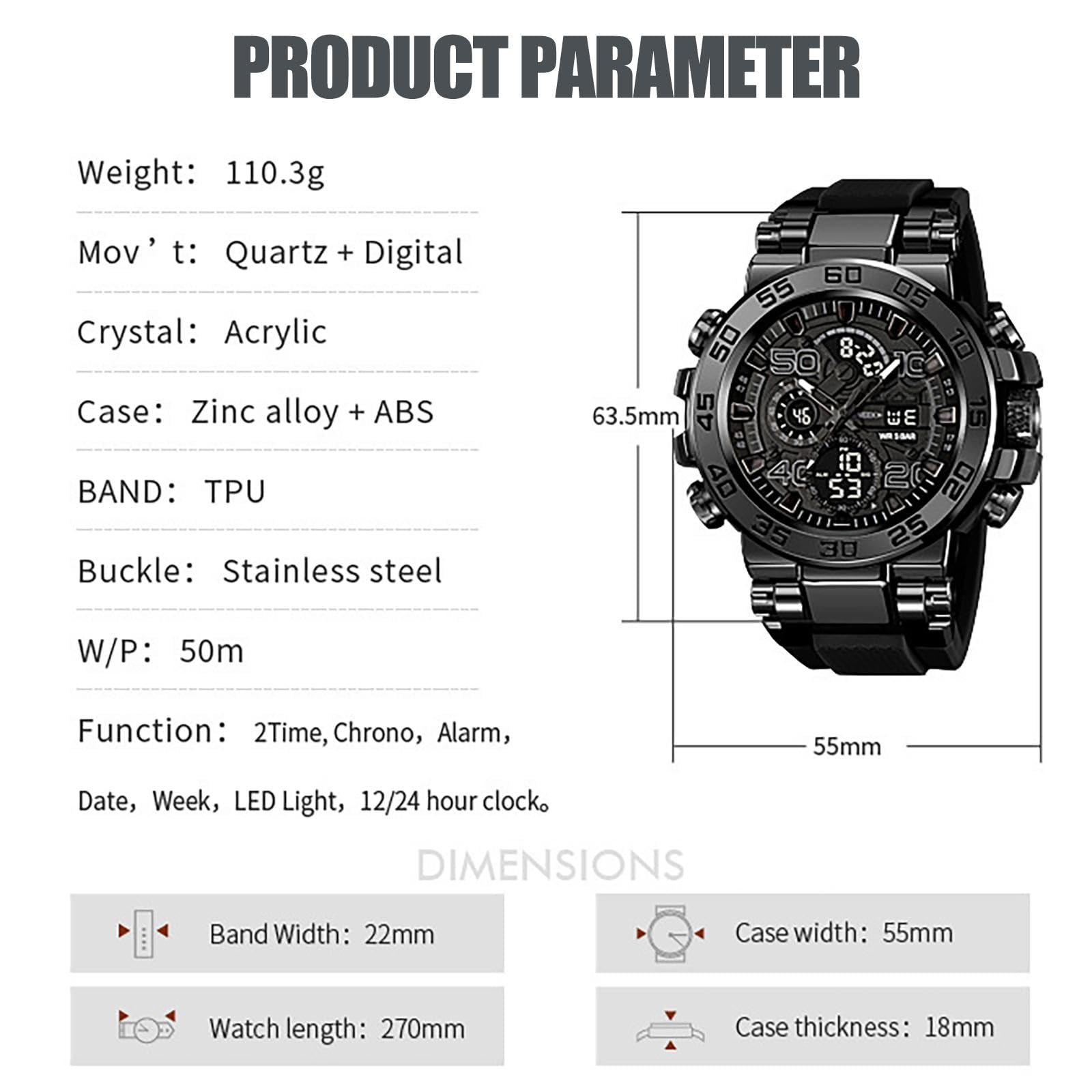 Reloj de pulsera digital deportivo impermeable para hombre, analógico, de cuarzo, táctico, con alarma, reloj multifunción de cara grande, relojes militares para hombre