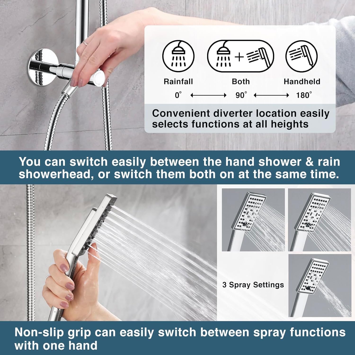 BRIGHT SHOWERS Rain Shower Heads System, Rainfall Shower Head with Handheld Spray Combo Includes Solid Brass Slide Bar, Height Adjustable Shower Holder, Shower Extension Arm and 60" Long Hose, Chrome