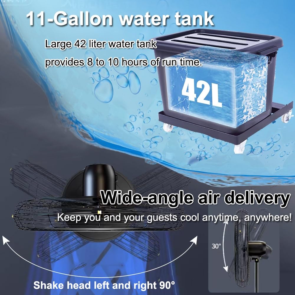 Duży wentylator 42L Water Tank Mist, 3-biegowy wentylator stojący na zewnątrz z oscylującym sprayem do chłodzenia ogrodowego Kontrola pyłu Przemysłowe Bezpieczna konstrukcja odporna na zachlapanie