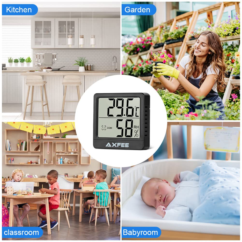 AXFEE Mini termometr LCD, termometr wewnętrzny, higrometr, bezprzewodowy, miernik wilgotności powietrza do pokoju dziecięcego, salonu, biura, szklarni (czarny) 2 sztuki