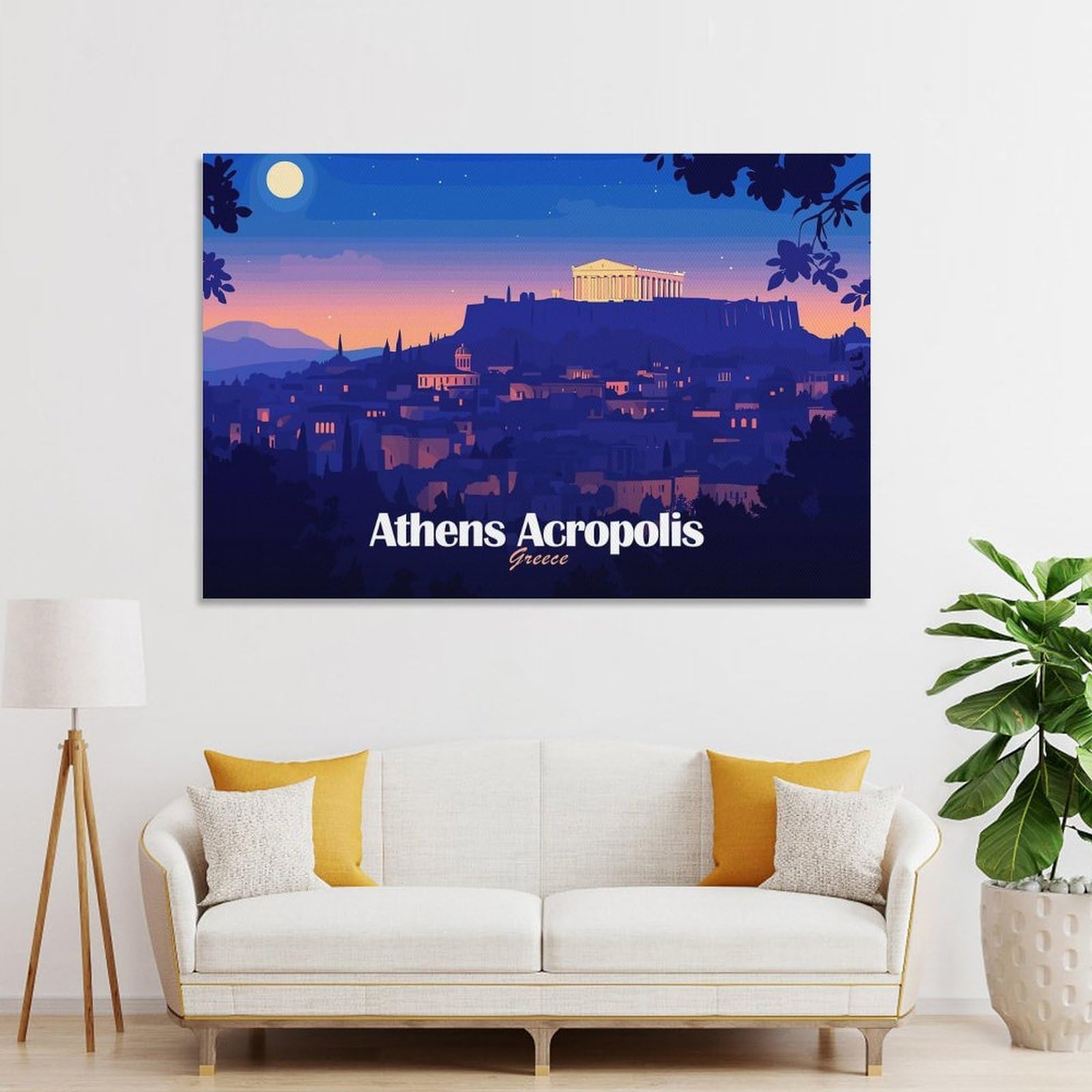 Junmoney Athens Acropolis Greece Nightscape Illustration Home Decor Wall Art, 20x30inch(50x75cm), for Lounge, Bedroom Or Personal Spaces, Thoughtful Wall Decor for Art Lovers