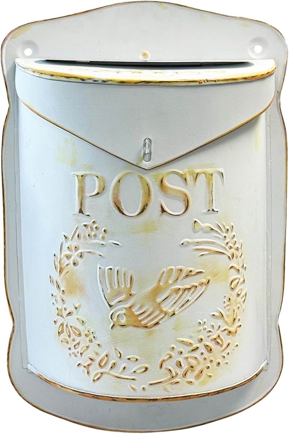 NACH Antique Wall Mount Mailbox, White & Gold Mailbox for Outside, Vintage Decorative for Home, 10x4x15 Inches, MB-6906