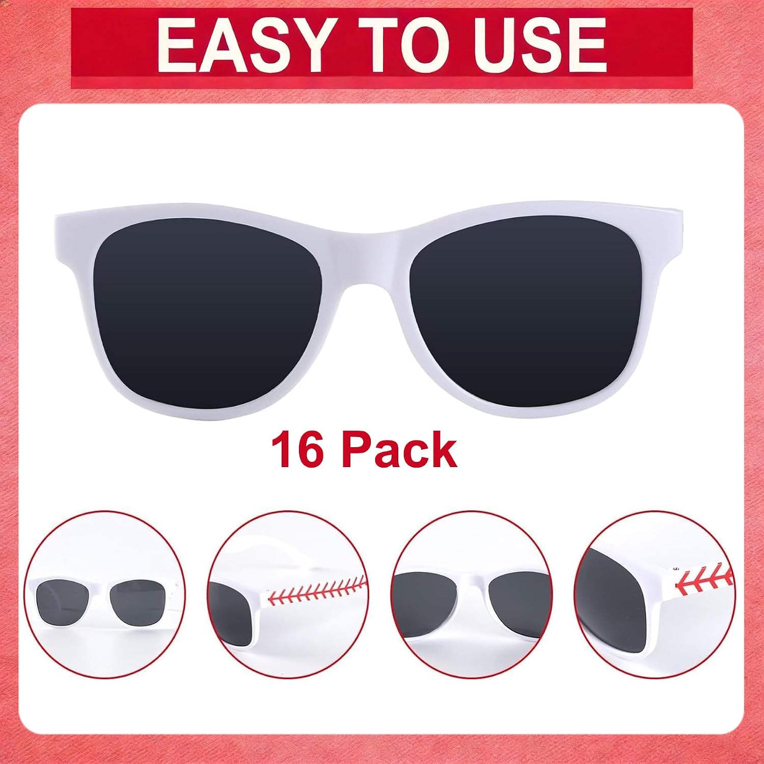16 Pack Baseball Sunglasses Red White Sunglasses Bulk for Baseball Party Favors Sports Plastic Glasses for Team Gifts Birthday Goodie Bags Stuffers Sports Theme Party Supplies Favors image 4