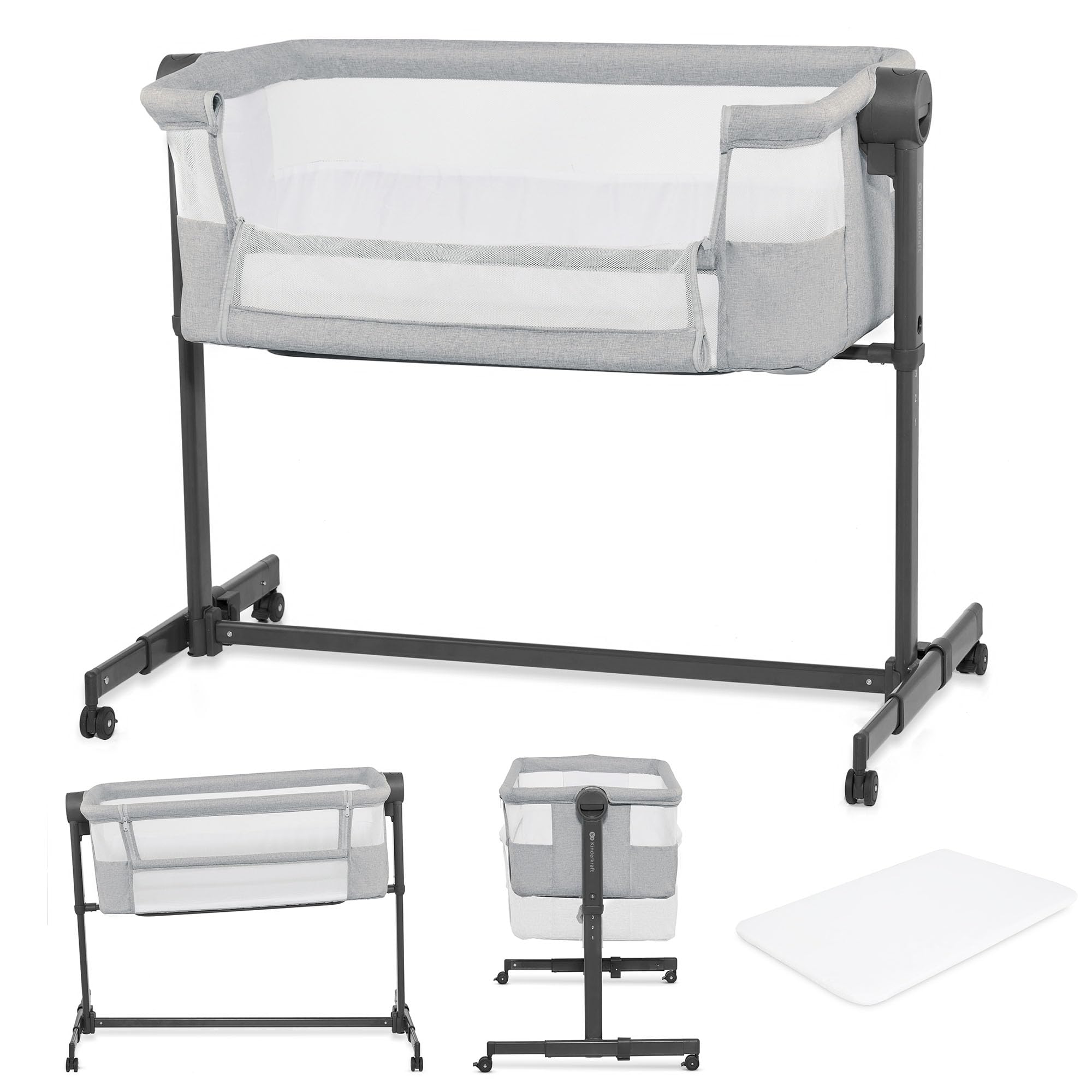 Kinderkraft Neste UP2 Bedside Crib 2 in 1, Co-Sleeper from Birth, Travel Crib for Newborn, Adjustable Height, Included Mattress Sheet, with 4 Wheels, Breathable Mesh, Gray