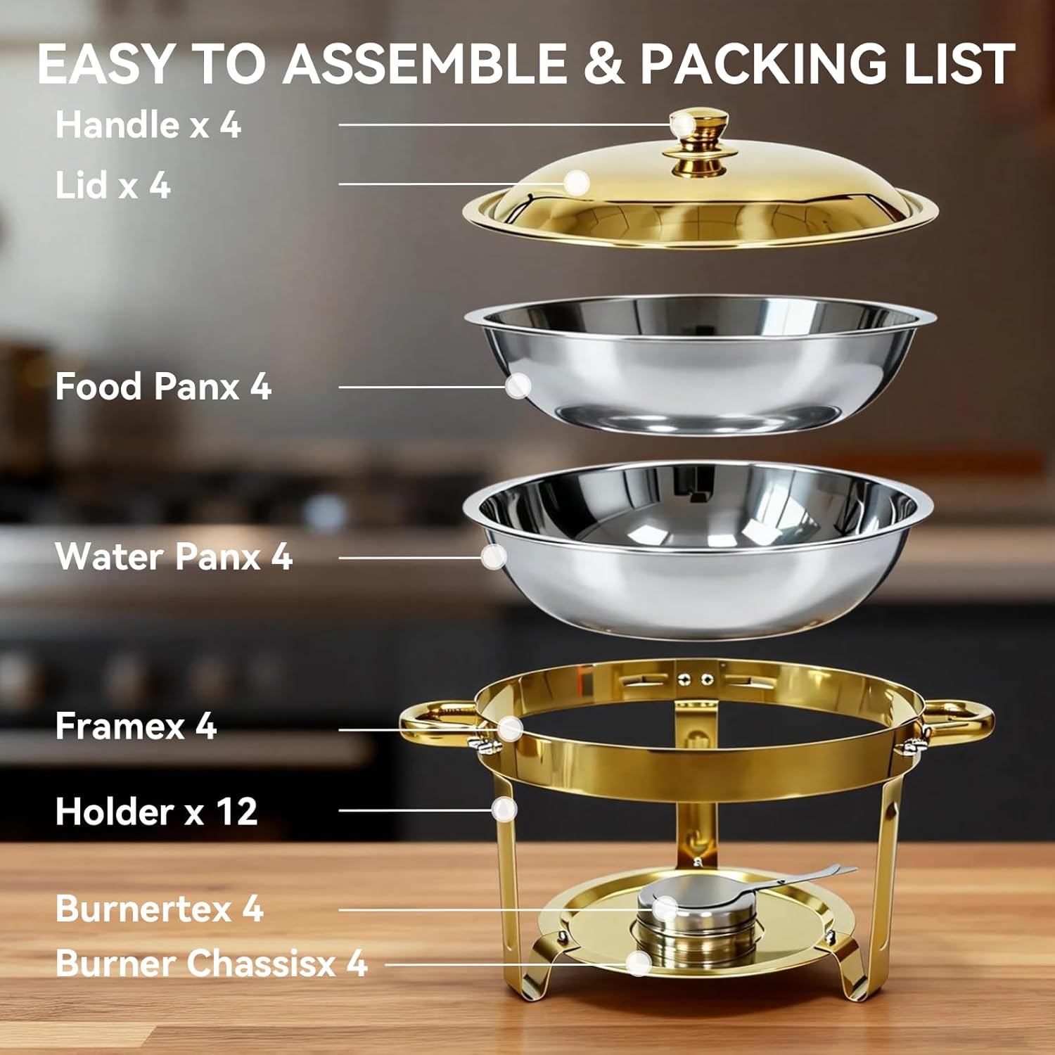 Gold Chafing Dish Buffet Set, 4-Pack 6QT 304 Stainless Steel Round Food Warmers with Lids, Water Pans & Fuel Holders – for Catering, Wedding Receptions & Parties