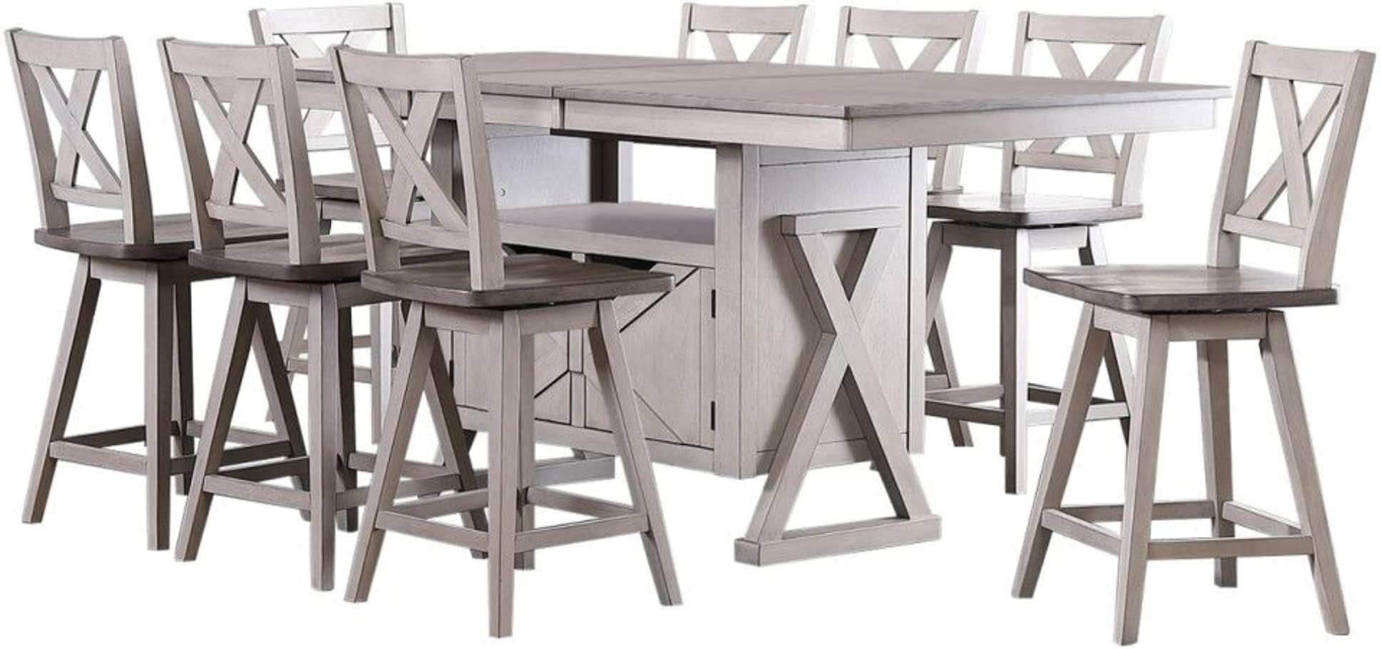 Pilaster Designs Indoor Home Decorative Furniture Figaro 9 Piece Counter Height Storage Dining Set, Wash Gray Wood (Table, 8 Chairs)
