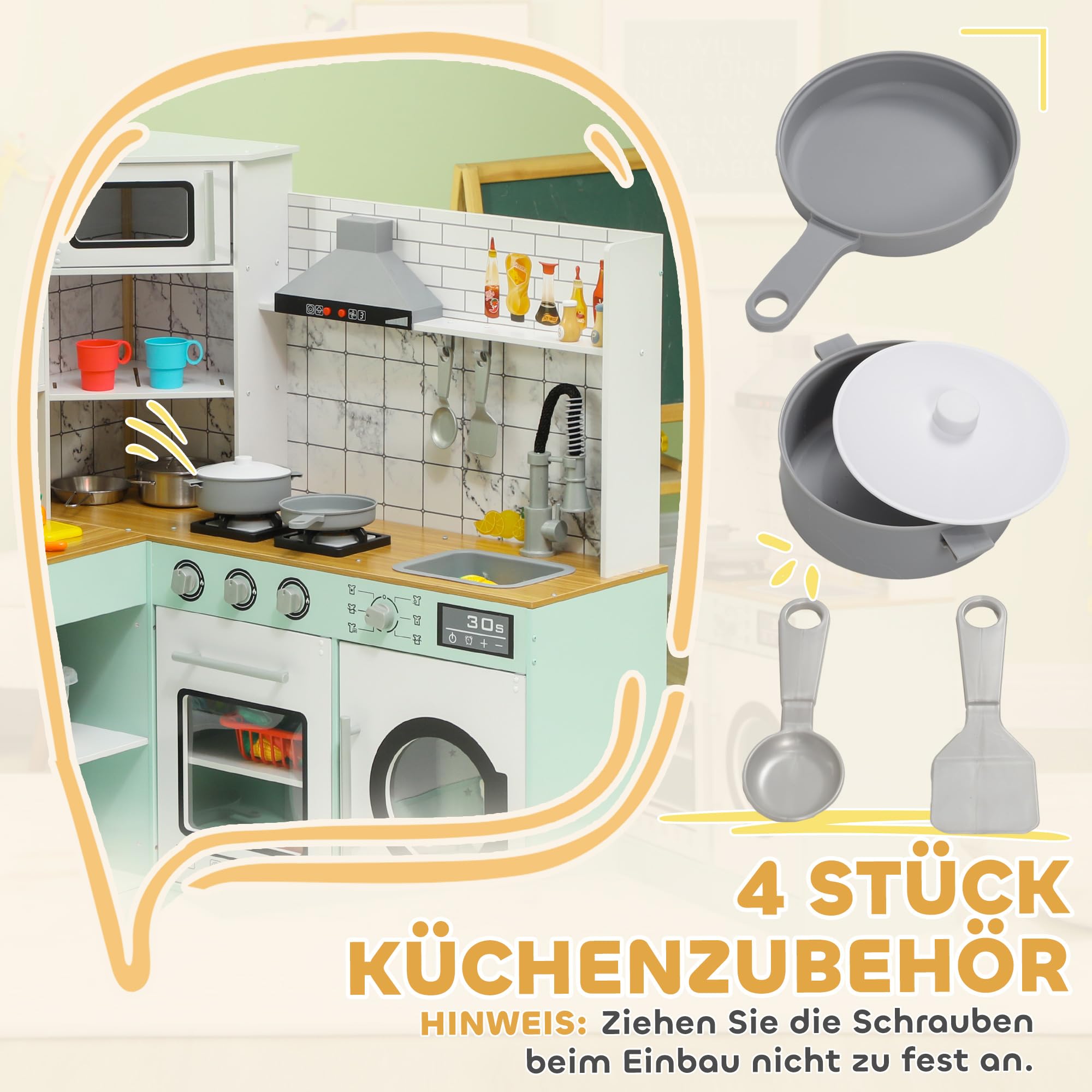 AIYAPLAY Kuchnia dziecięca, kuchnia do zabawy z tablicą, okap kuchenny, kostkarka do lodu, kuchenka mikrofalowa, piekarnik, lodówka, realistyczne efekty świetlne i dźwiękowe, przybory kuchenne, od 3