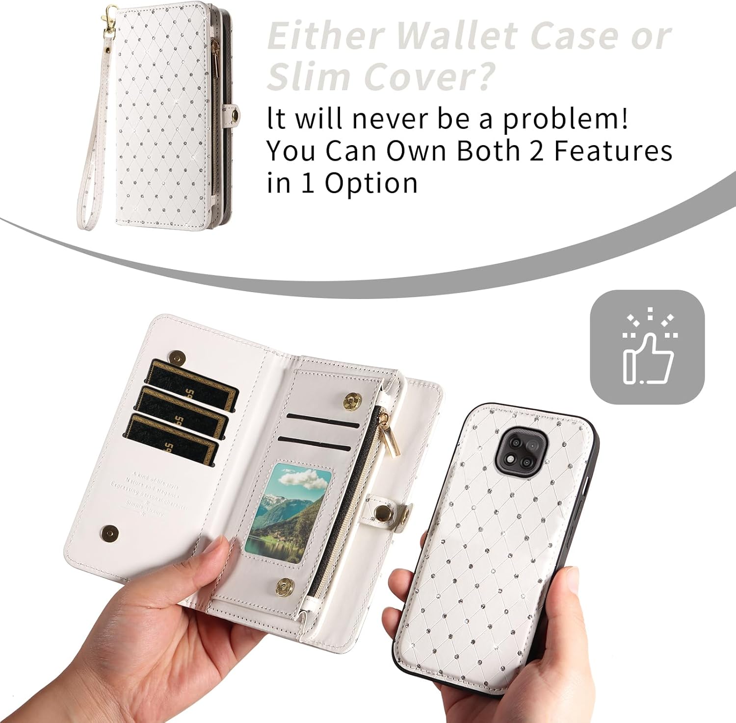 Asuwish Phone Case for Moto G Power 2021 Zipper Wallet Detachable Cell Cover with Tempered Glass Screen Protector Strap Glitter Flip Card Holder Slot Motorola GPower 21 5G Version XT2117-4 Women White