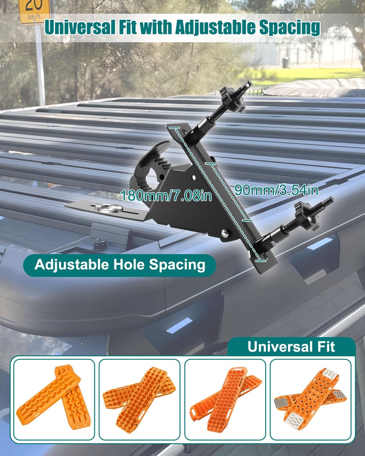Recovery Track Board Mounting Kit with Shovel Holder, Universal Side Mount for Roof Platform Rack, Heavy-Duty Steel Traction Board Bracket with Lock, Quick Release Knobs for Off-Road & Overlanding
