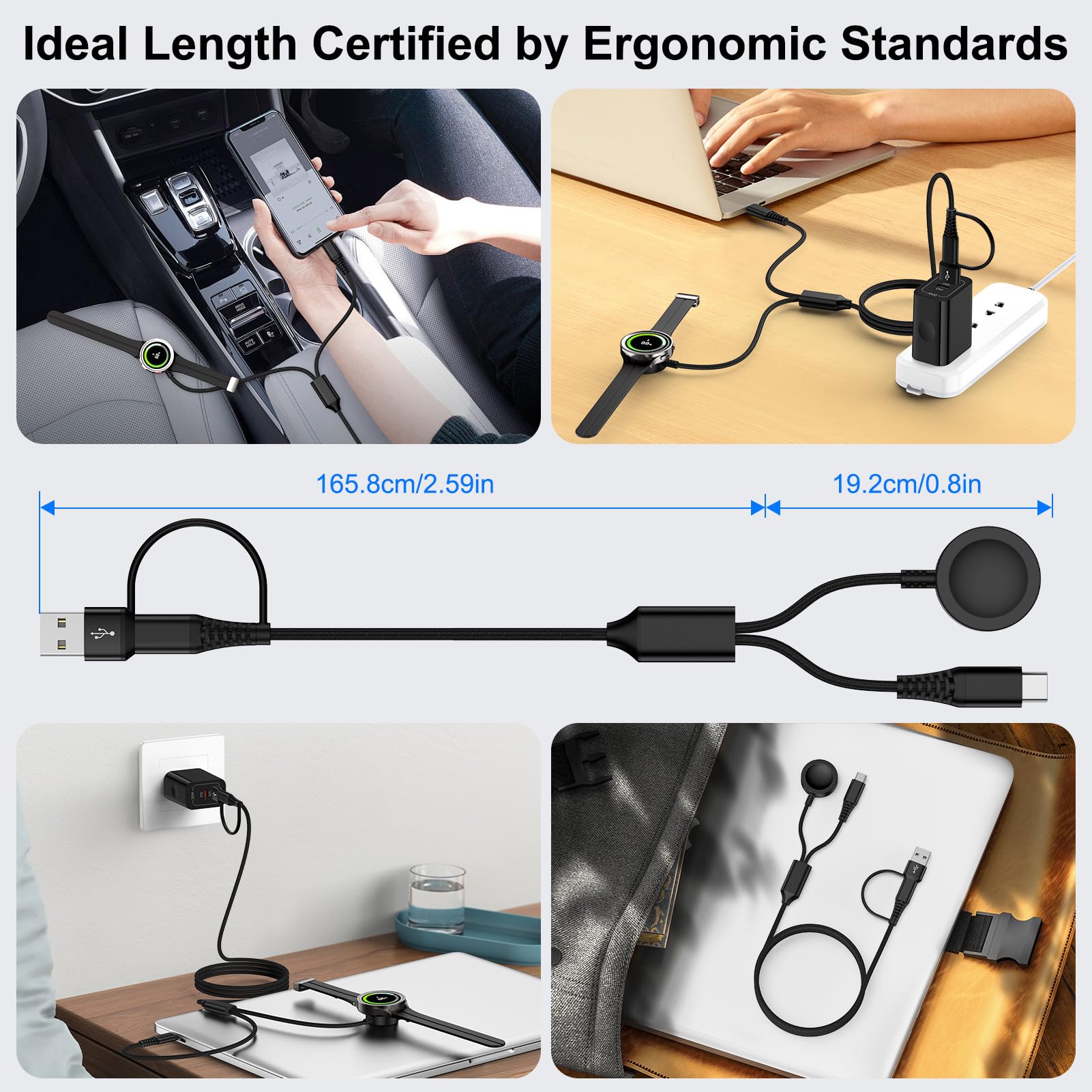 Cargador de reloj Samsung de carga rápida compatible con Galaxy Watch 8/8 Classic/7/Ultra/6/5 Pro/5/4.2 pulgadas, 2 USB C/A, cargador de teléfono Samsung de 6 pies con bloque de carga dual de 20 W