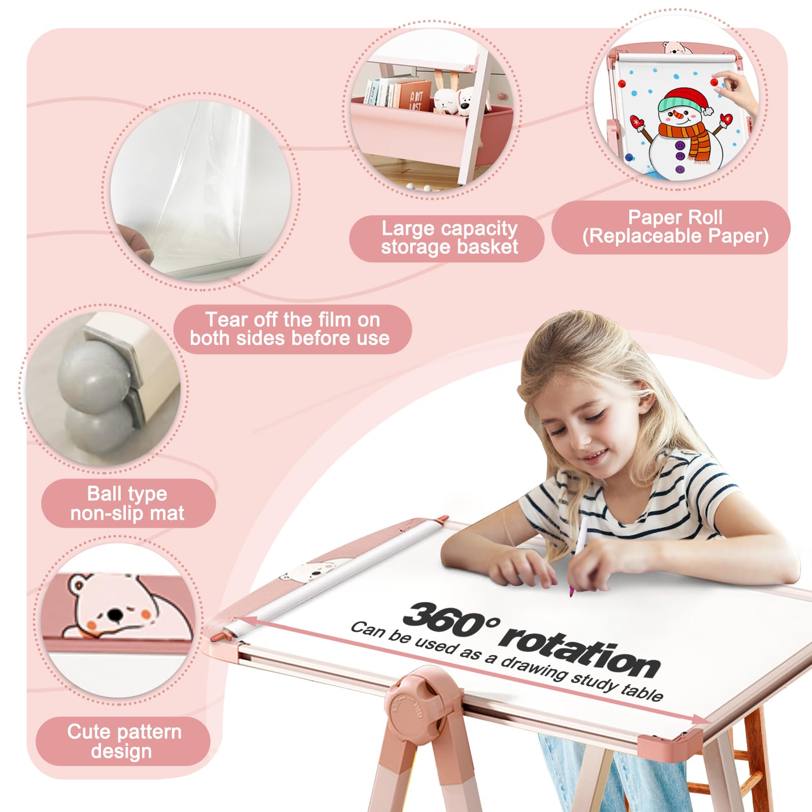 Caballetes para Niños 3 en 1 Pizarra Caballete Pintura Infantil de Doble Cara Plegable con Papel en Rollo Altura Ajustable Giratoria 360°, Pizarra con Caja de Almacenamiento para niños y niñas