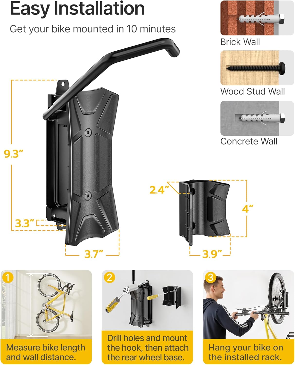 monTEK Bike Wall Mount for 4.5" Tire Width, Swivel Bike Wall Hanger Holds Up to 77lbs, Space-Saving Bike Rack Garage, Heavy Duty Bike Storage for Bedroom Home Office, 2 Pack