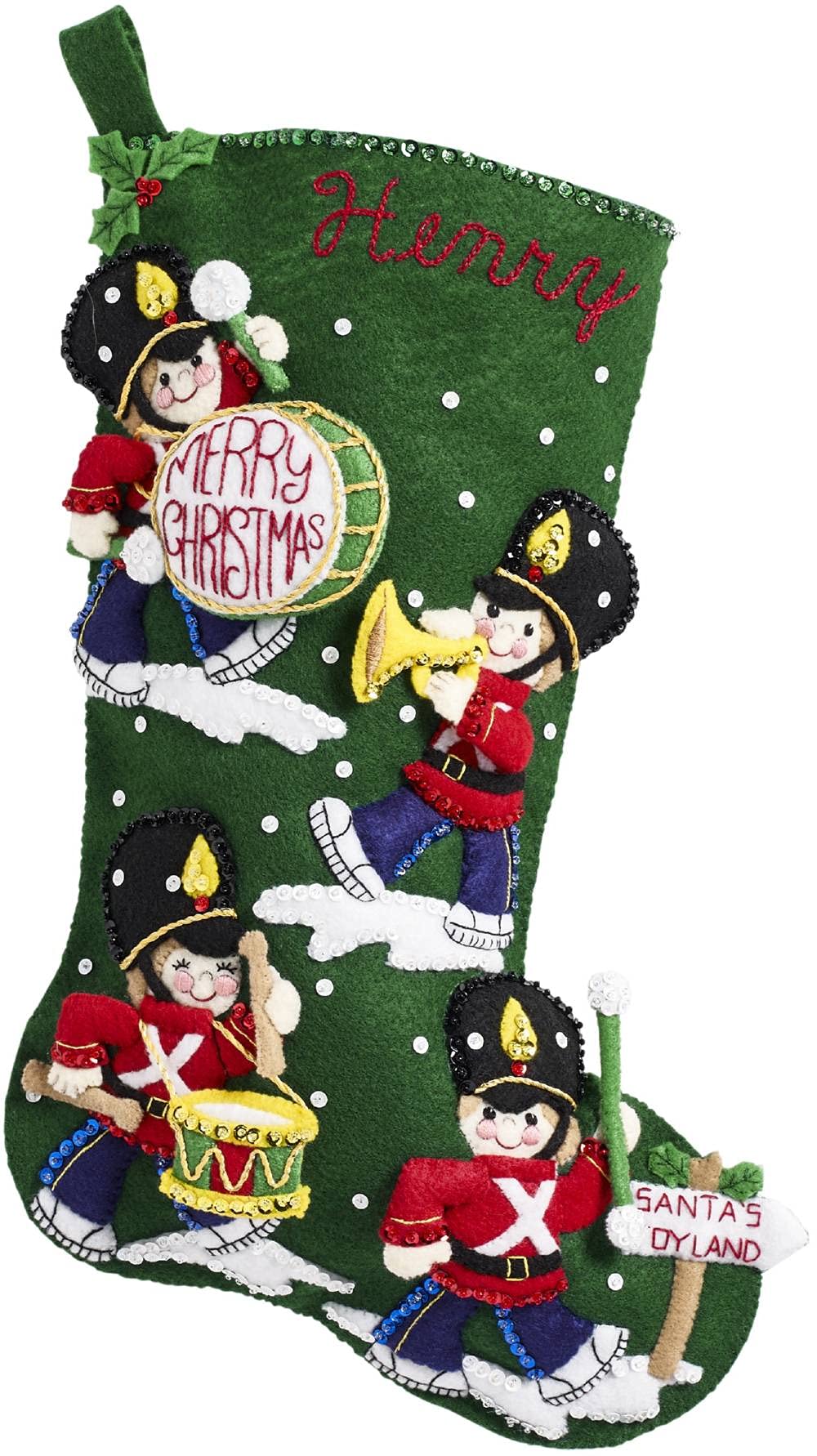 Chaussette de Noël en feutre à offrir et broder avec motif de soldats jouets