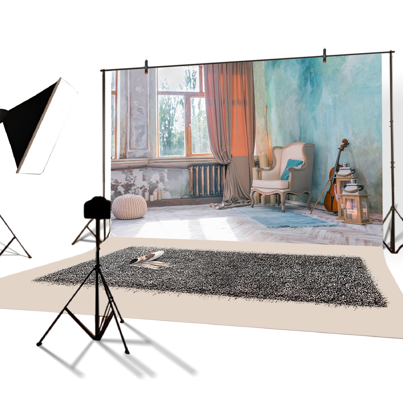 Fondale In Vinile YongFoto 3x2,5 M – Finestra, Violino E Divano Blu Per Studi Fotografici