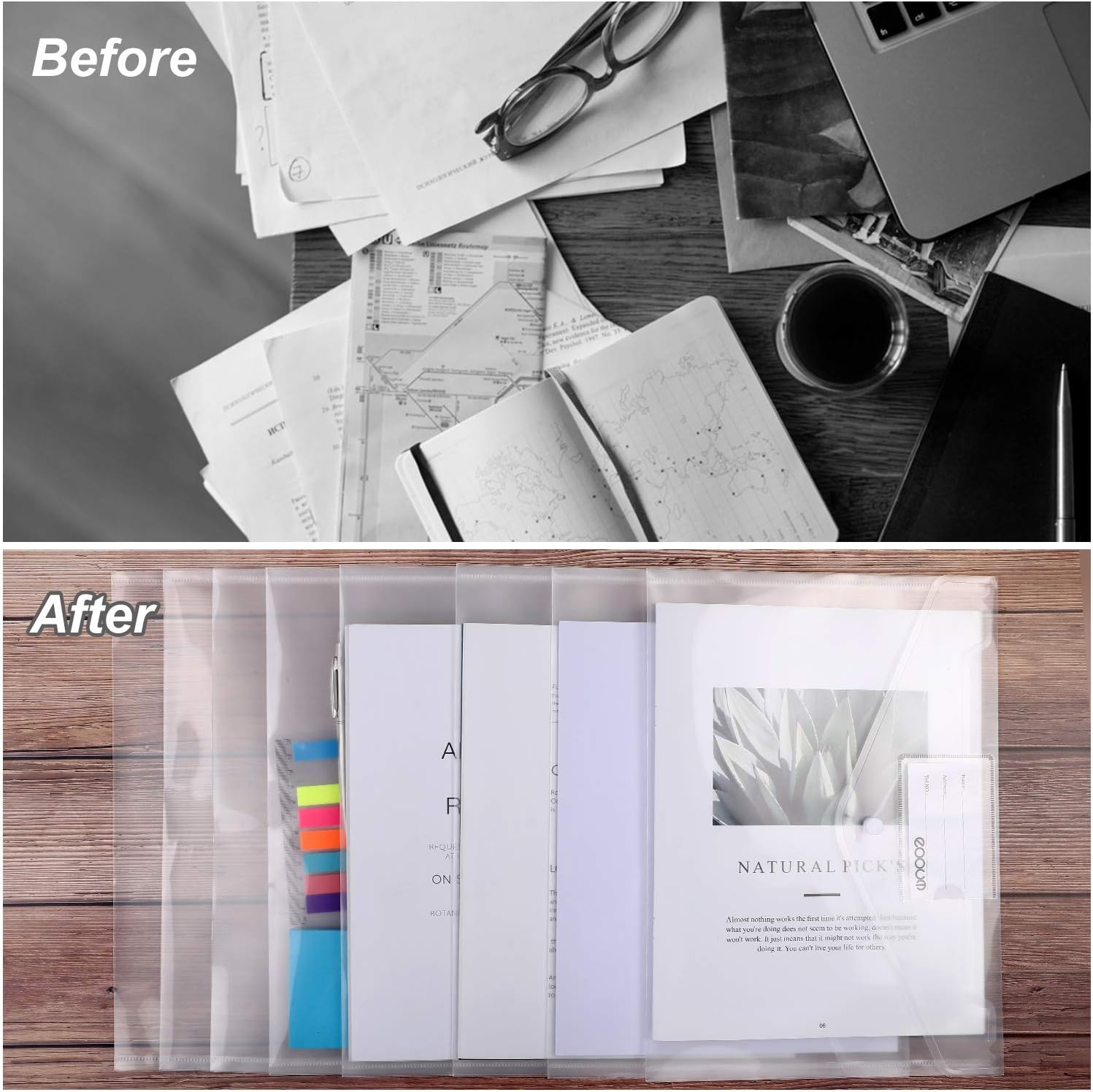 EOOUT 12pcs Poly Envelopes, Clear Folders, Transparent File Folders with Label Pocket and Snap Closure, Letter Size A4, for School Home Office Supplies