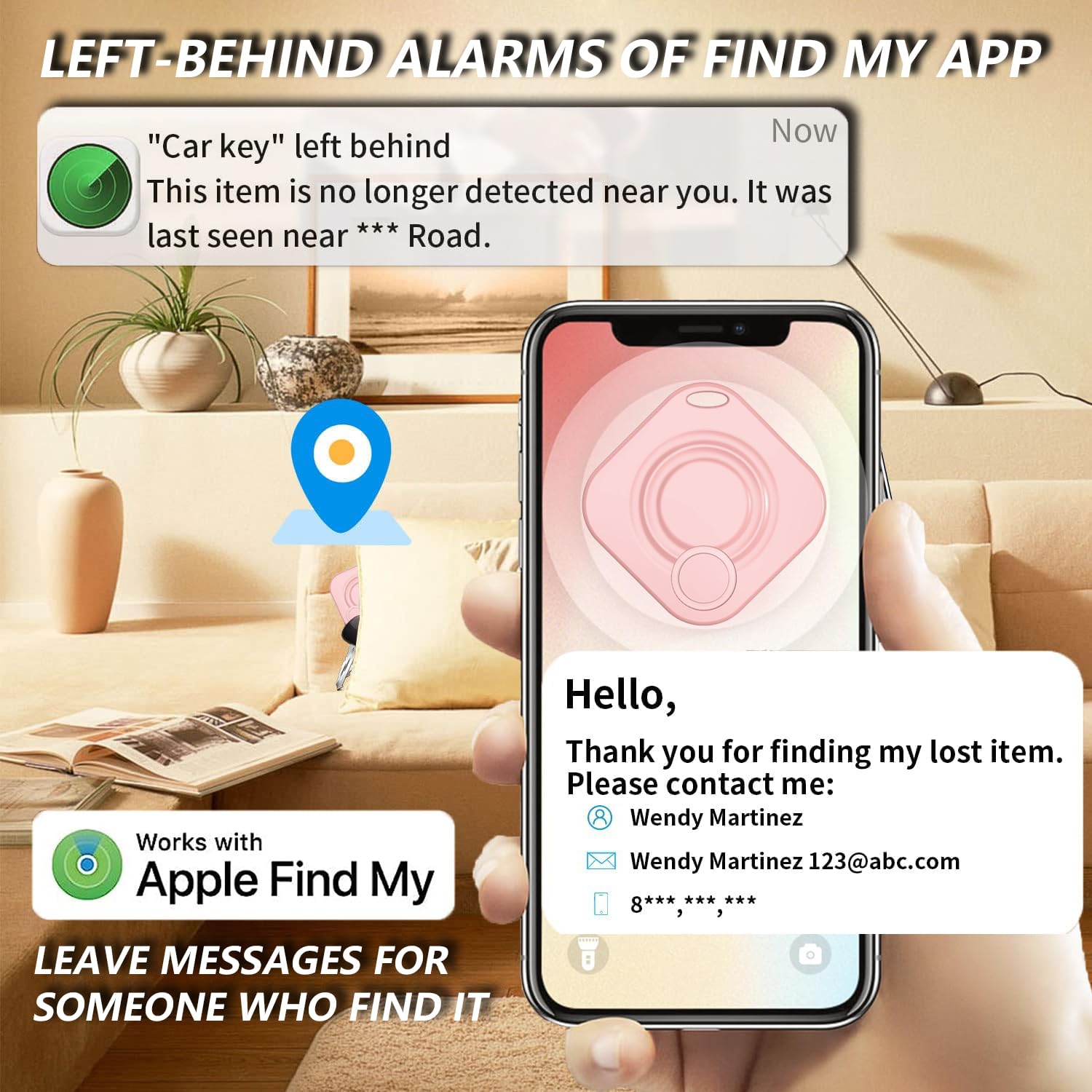 Key Finder Locator with Sound Find My Luggage Key Tracker Powerful Bluetooth Luggage Tracker with Sound Item Locator for Keys Bags Wallets Pet,Phone Finder, Works with Find My,Anti-Lost,Pink,2 Pack