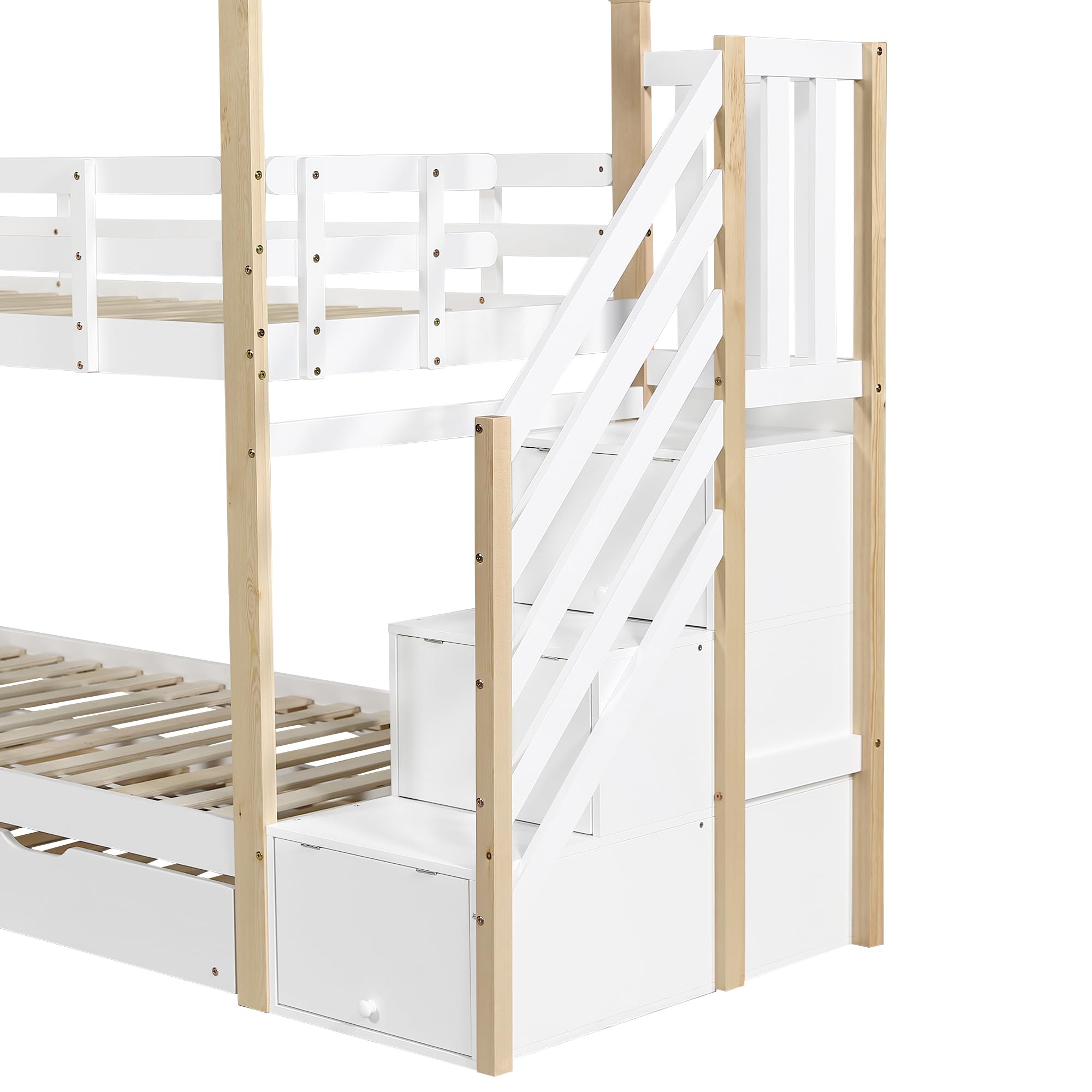 Rtopsu Letto per Bambini a Castello 90x200 cm con Letto Estraibile, Letto a Soppalco per Ragazzi con Scale e Contenitore Cassetti, Rete a Doghe in Legno, Bianco, Senza Materasso