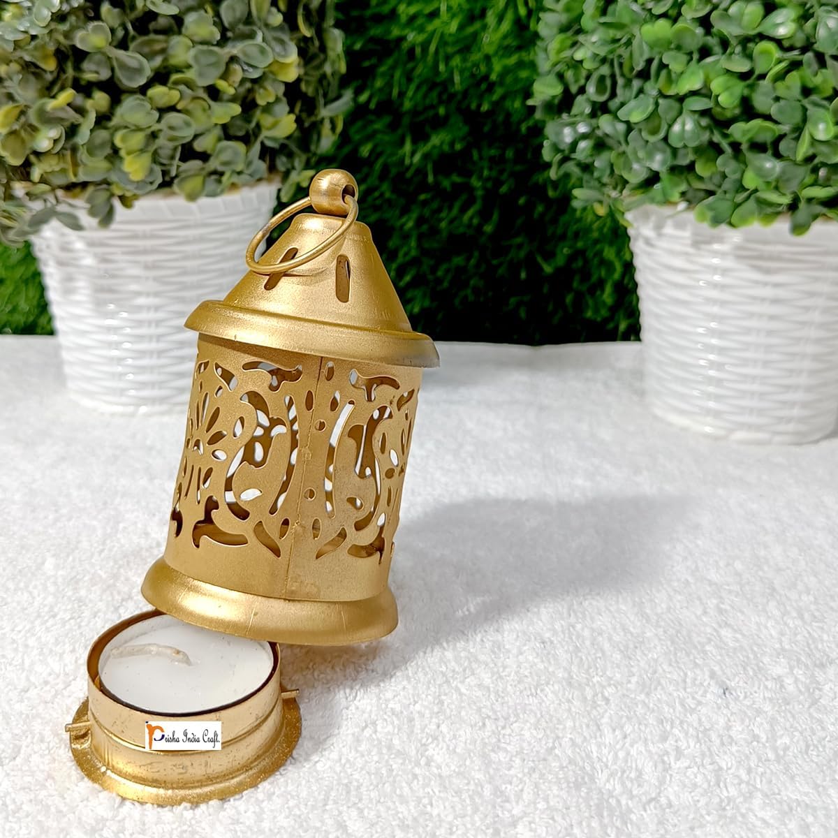 Prisha India Craft Antique Metal Lantern and Hanging Tealight Holder for Home Decor Items *Free Tealight*, Golden