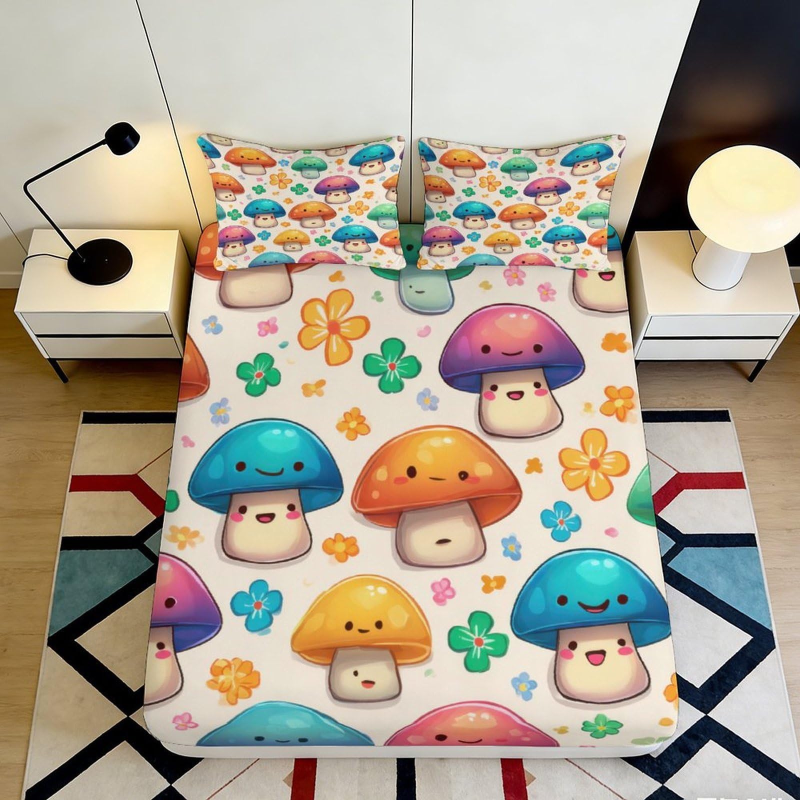 3D Printed Colorful Cartoon Mushrooms Fitted Sheet Microfiber Soft Breathable Floral Bed Cover for Bedroom Dormitory Guest Room Mattress Protection 160x200x25cm