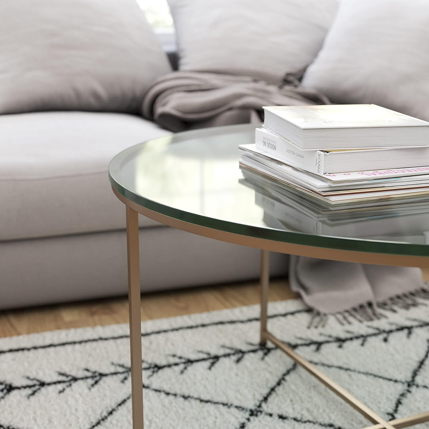 Merrick Lane Fairdale Glass Coffee Table - Clear Top with Matt Gold Frame - Round Frame Design - Cross Brace Frame