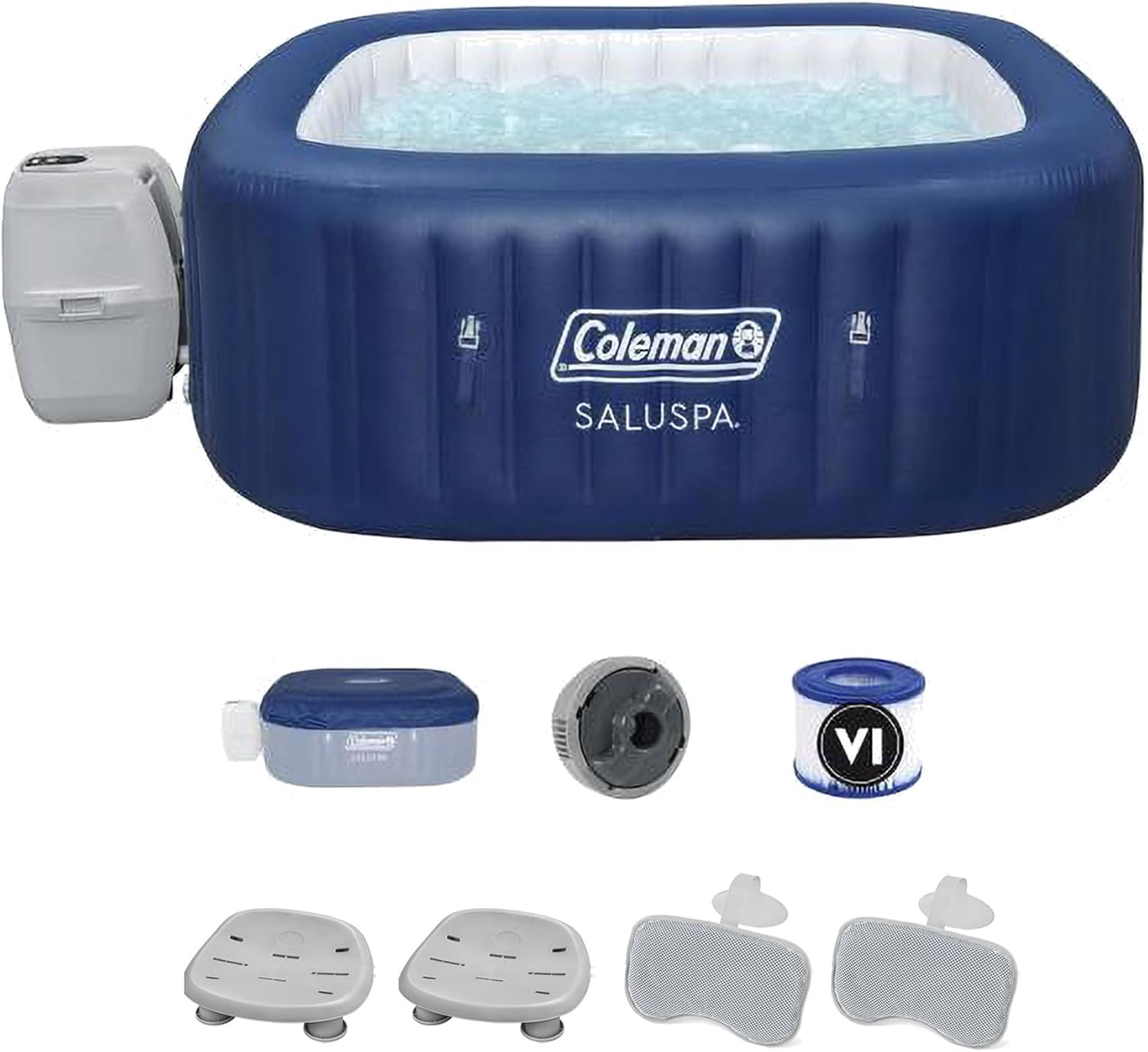 Coleman SaluSpa Atlantis AirJet Inflatable Hot Tub w/Set of 2 SaluSpa Underwater Non Slip Pool and Spa Seat and 2 Padded Headrest Pillows, Gray