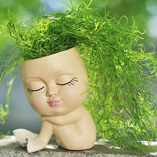 Miniatura 5 de Macetas de cara para plantas de interior, suculentas, bonita maceta de resina de sirena con orificio de drenaje