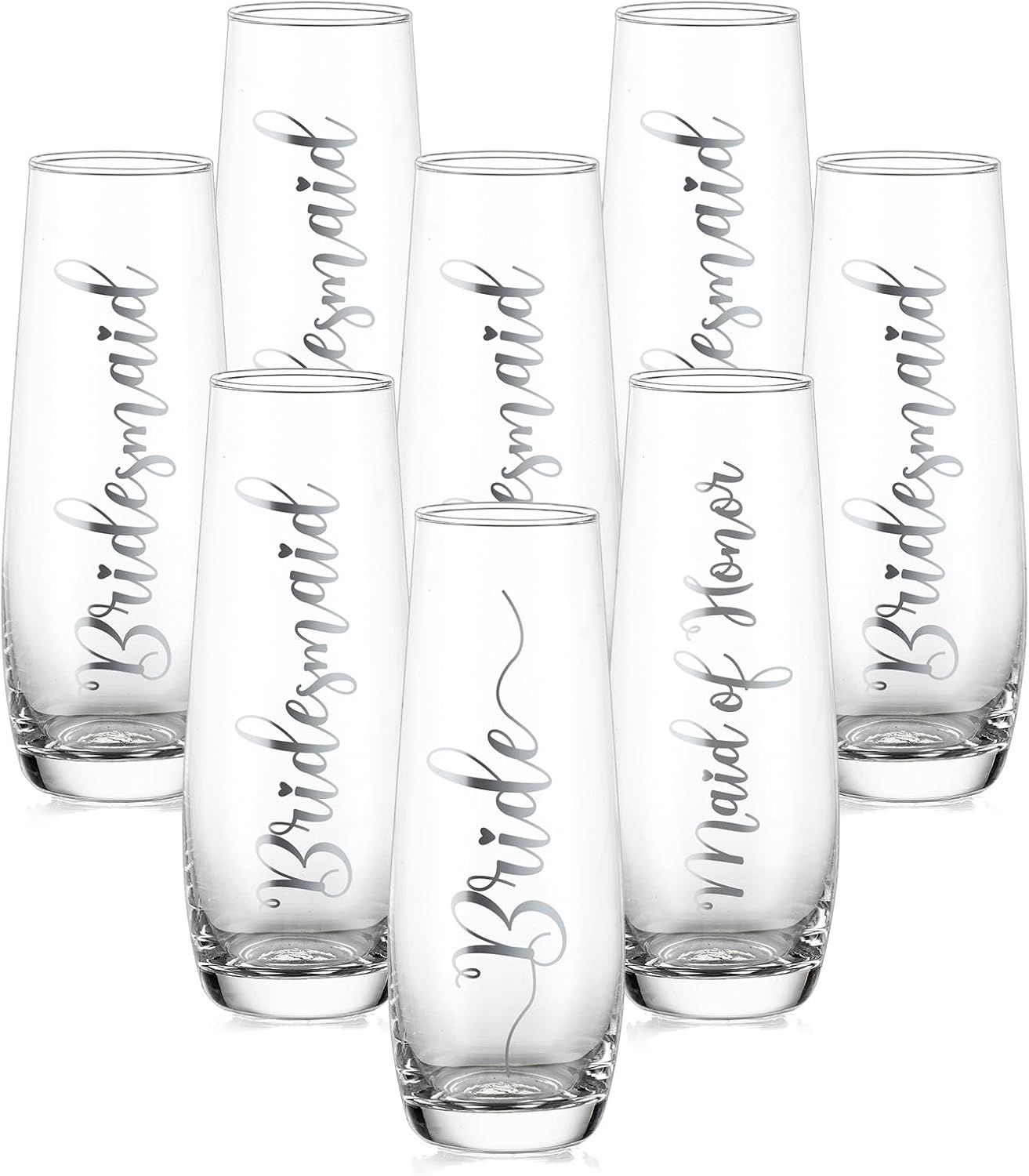 NUPTIO Champagne Glasses Bridal Shower Gift: Set of 8 Stemless Party Prosecco Flutes Tumbler Bride Bridesmaid Maid of Honor Wedding Clear Silver Embossed