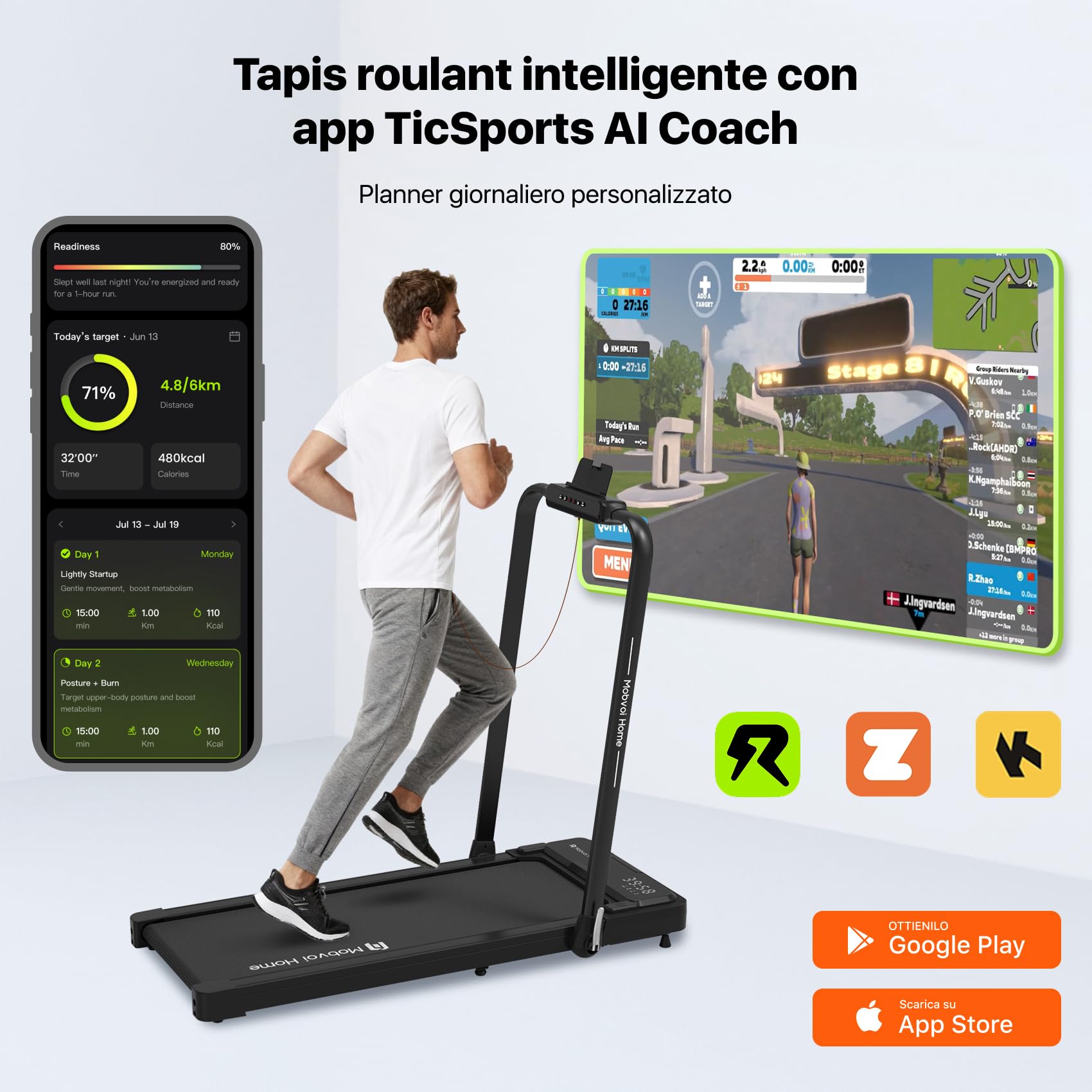 Mobvoi Home Treadmill Plus Tapis roulant AI Intelligente pieghevole 3 in 1 Tappetino da passeggio 1-12 km/h Walking Pad Compatto sotto la scrivania Corsa per casa e ufficio TicSports APP 120 kg