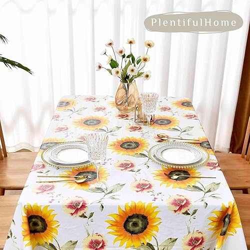 Miniatura 4 de Mantel de vinilo pequeño con diseño de girasol de 47 x 60 pulgadas, mantel rectangular impermeable con reverso de franela, mantel floral de plástico