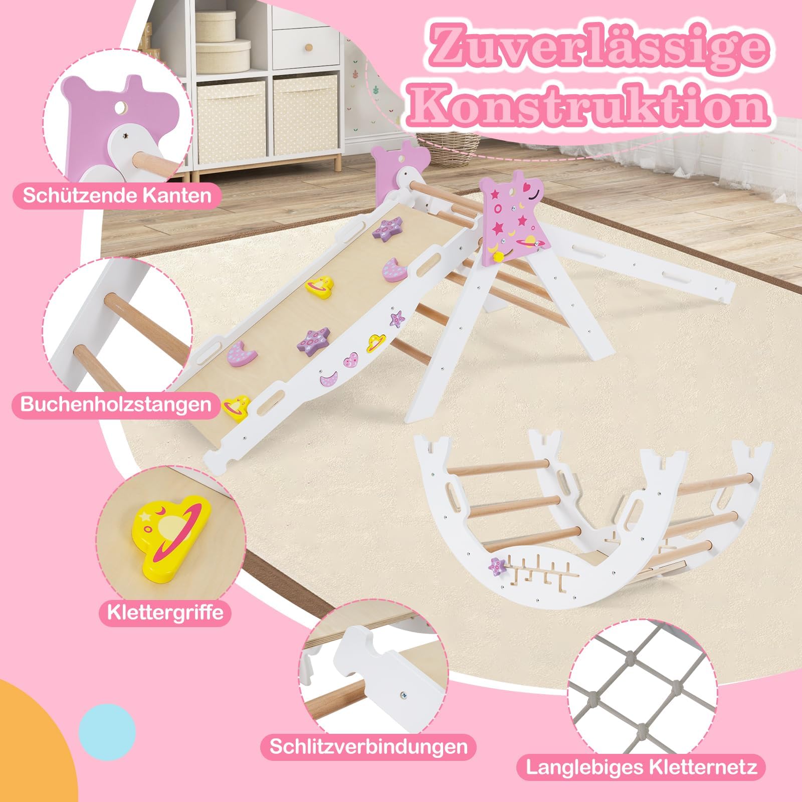 FANTASK Set di 4 telai da arrampicata 7 in 1 per interni, con scivolo, arco da arrampicata, rete, con rampa su entrambi i lati, set di mattoncini e 2 auto, unicorno, triangolo da arrampicata in legno
