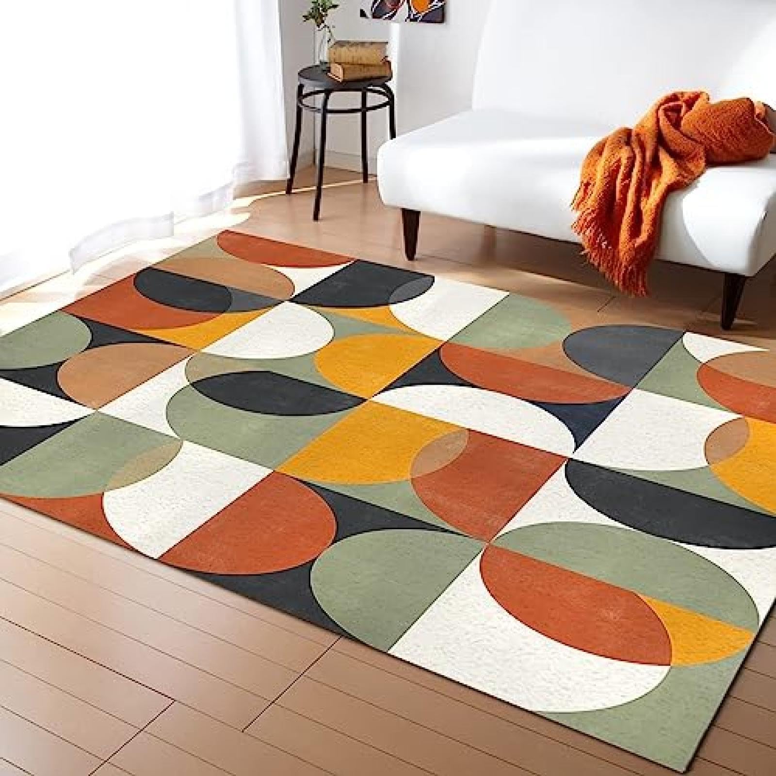 Tapis de Salon Vintage Abstrait du Milieu du siècle, Motif géométrique en Demi-Cercle, antidérapant, Lavable, pour Chambre à Coucher, Tapis d'intérieur Orange, Vert, Noir, Jaune, 120 x 180 cm