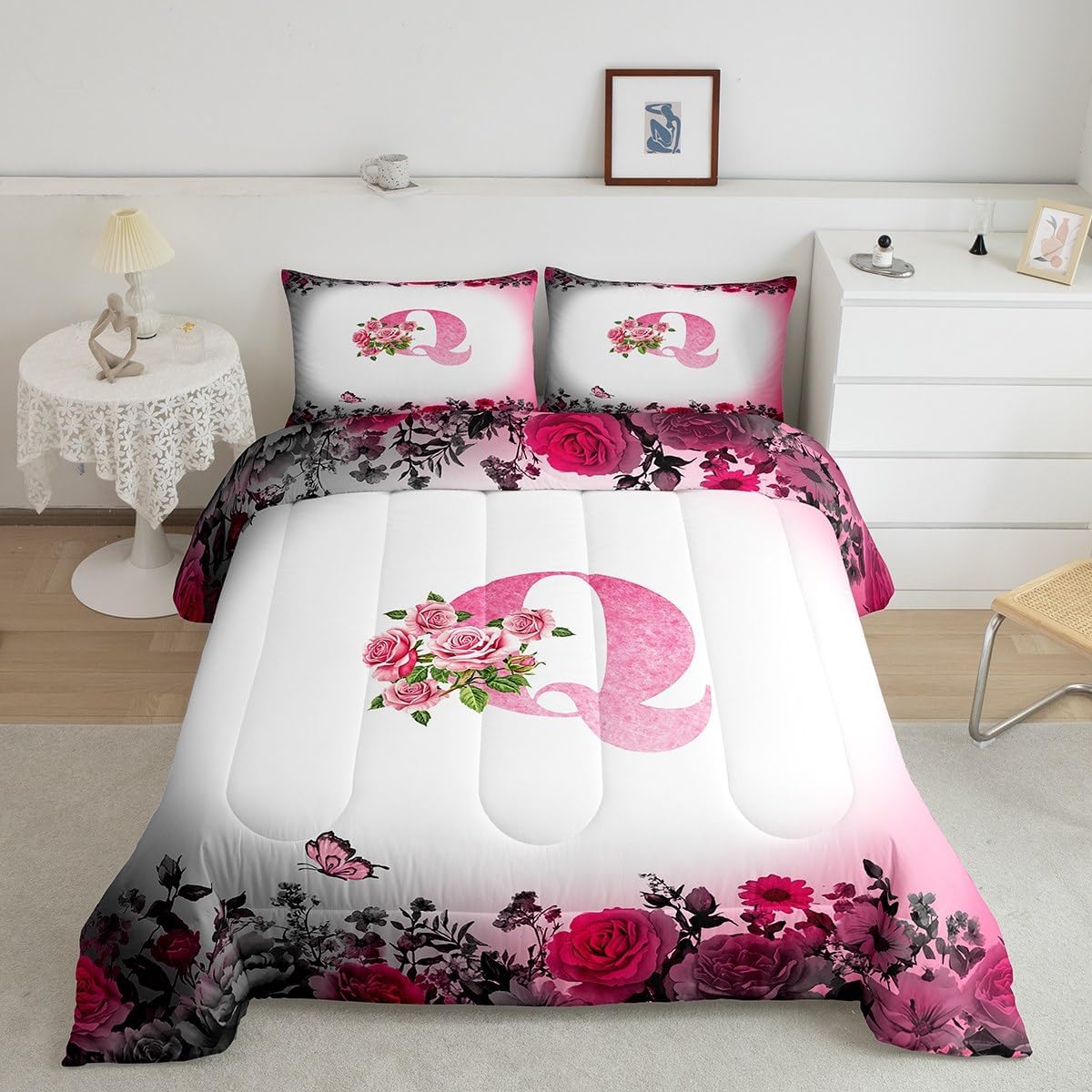 jejeloiu Letter Flowers Comforter Set Toddler Size for Kids Teens Girls Woman Personalized Initial Q Bedding Set Ultra Soft Modern Fashion Quilt Black Pink Floral Rose Butterfly Monogrammed
