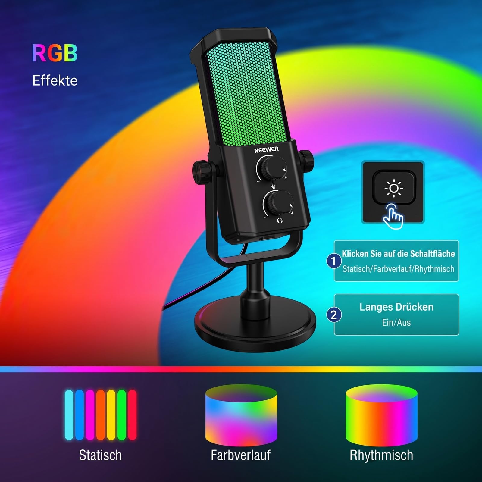 NEEWER UM01 USB Mikrofon mit AI Rauschunterdrückung, Plug & Play Kondensatormikrofon mit Nierencharakteristik und RGB, Stummschaltung/Musik Sync/App Steuerung für Android Windows PC Mac PS4/5