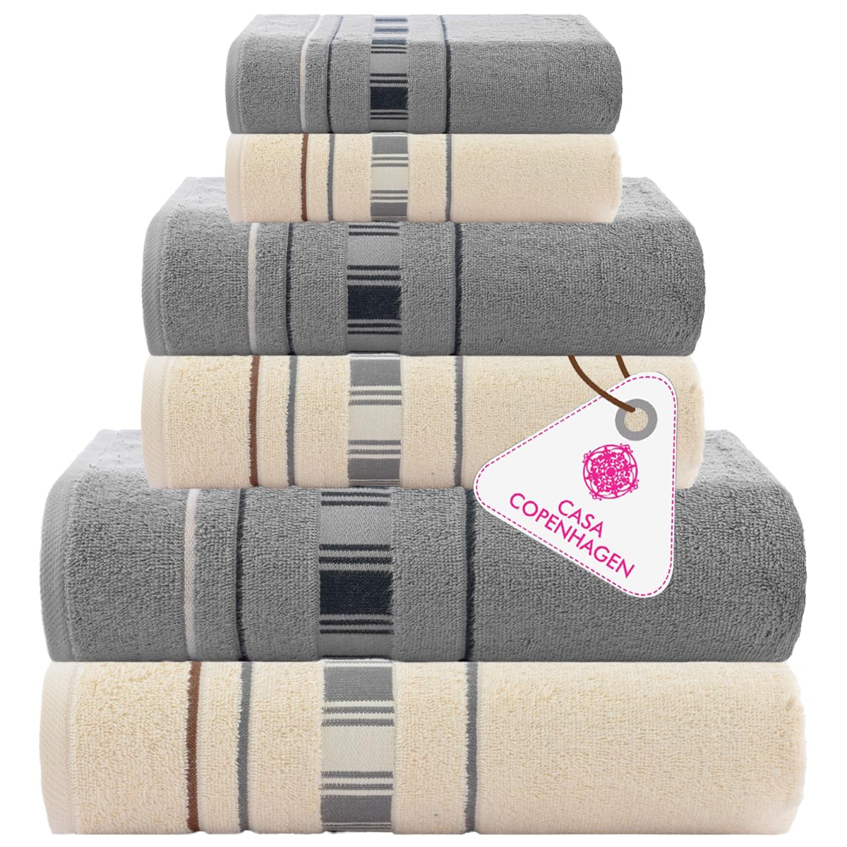 CASA COPENHAGEN Set 6 asciugamani da bagno, 600 g/m², Grigio - Crema