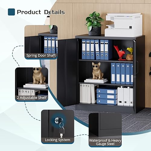 Miniatura 4 de MIIIKO Armario de almacenamiento de metal con puertas de bloqueo, armario de almacenamiento de 2 puertas con 2 estantes, gabinete de metal negro con