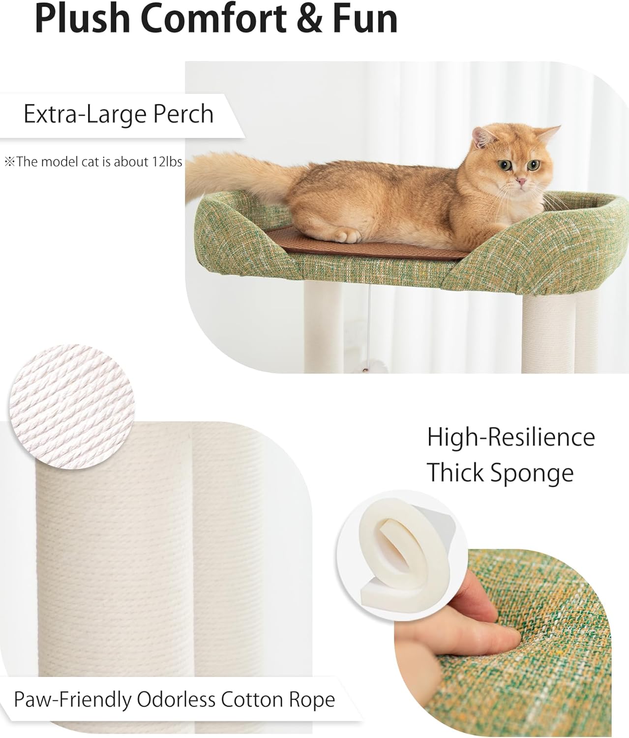 Cat Tree Tower 37.4'' (95 cm) with Scratching Posts,Multi-Level Cat Tree Tower with Wide Shelves for Senior Friendly Baby/Large Cats, Scratching Posts(Olive Green)