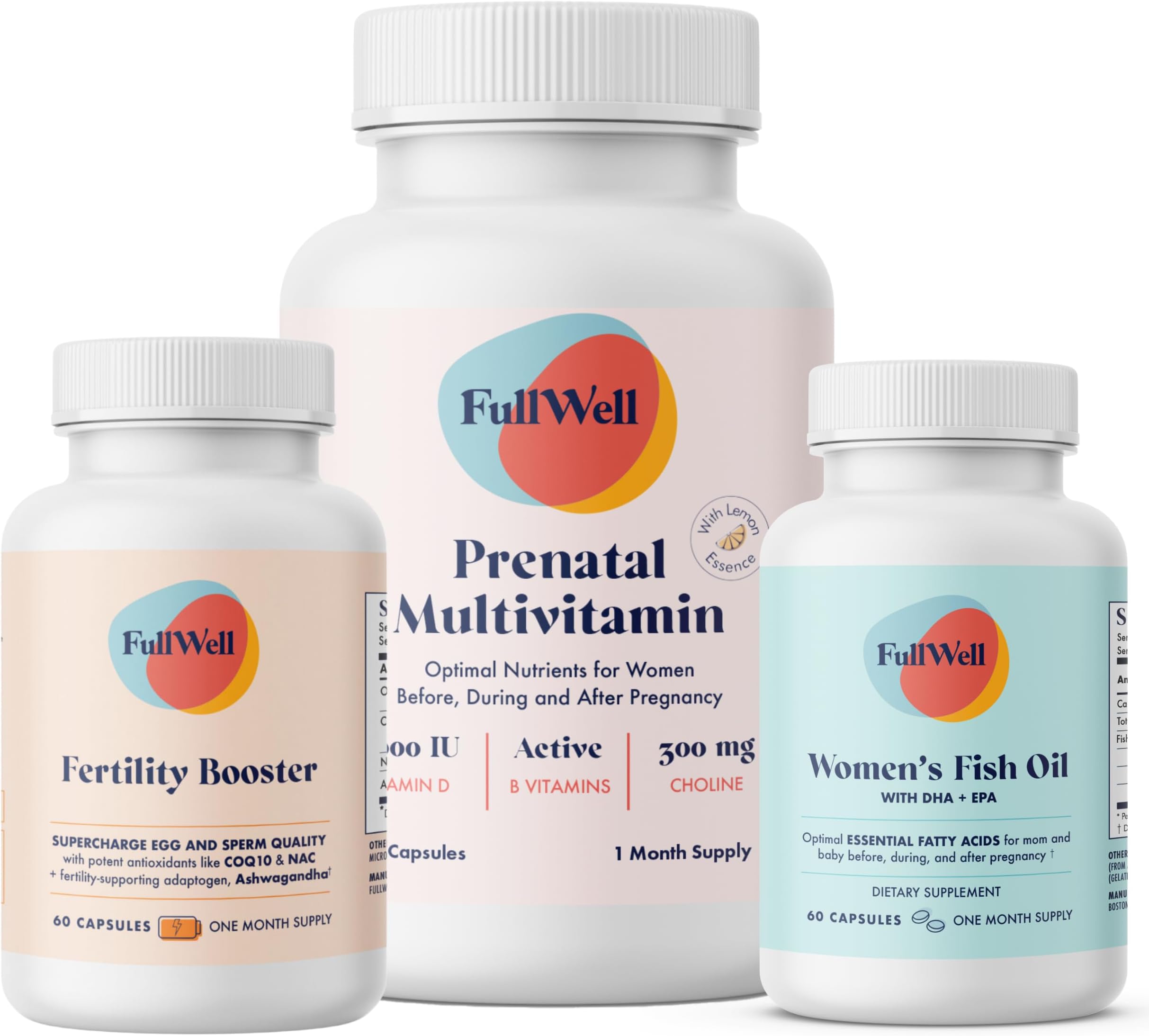 FullWell Women's Fertility Trio - Conception Support for Women - Includes Fertility Booster, Lemon Essence Prenatal Multivitamin & Fish Oil - Supports Egg Health - CoQ10 & Ashwagandha - 30 Servings