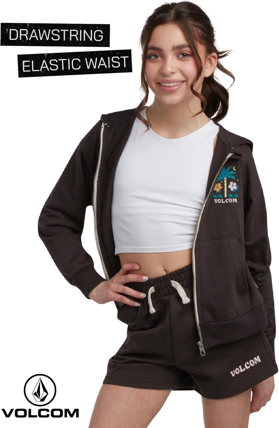 Volcom Girl's Sweatsuit Set - Long Sleeve Full Zip Up Hoodie Sweatshirt and Sweat Shorts Set for Girls (Sizes: 4-12) - Image 4