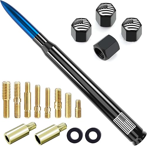 Vista 9 de Antena con válvula de neumático para automóvil y camión, antena corta universal de repuesto con bandera de EE. UU., accesorios para radio Plateado