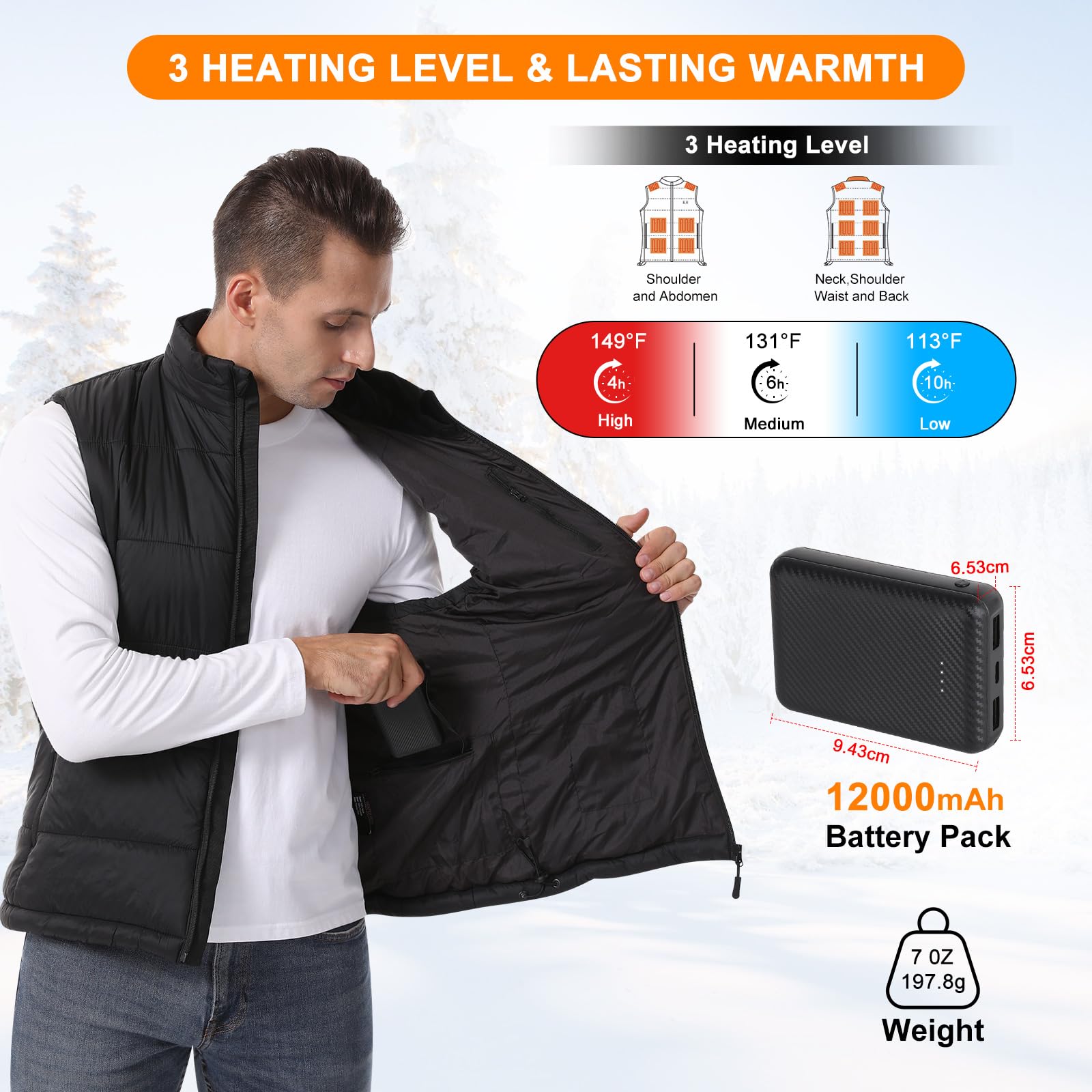 Gilet Chauffant Homme, 15 Zones Chauffantes Veste Chauffante avec Power Bank, Veste Chauffante avec Batterie 12000mAh ＆ 3 Réglages de Température, Gilet Chauffant Homme pour Ski et Randonnée