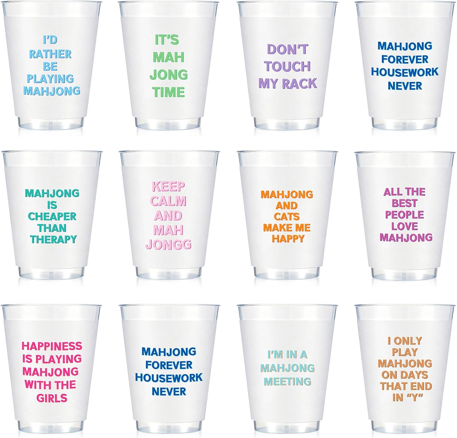 LemonRoad 12 Pcs Mahjong Cups Frosted with Multicolor Funny Phrases Mah Jong Party Supplies Reusable Plastic Mahjong Game Night Cups Gifts for Christmas Birthday Celebration (16 oz,Classic Style)