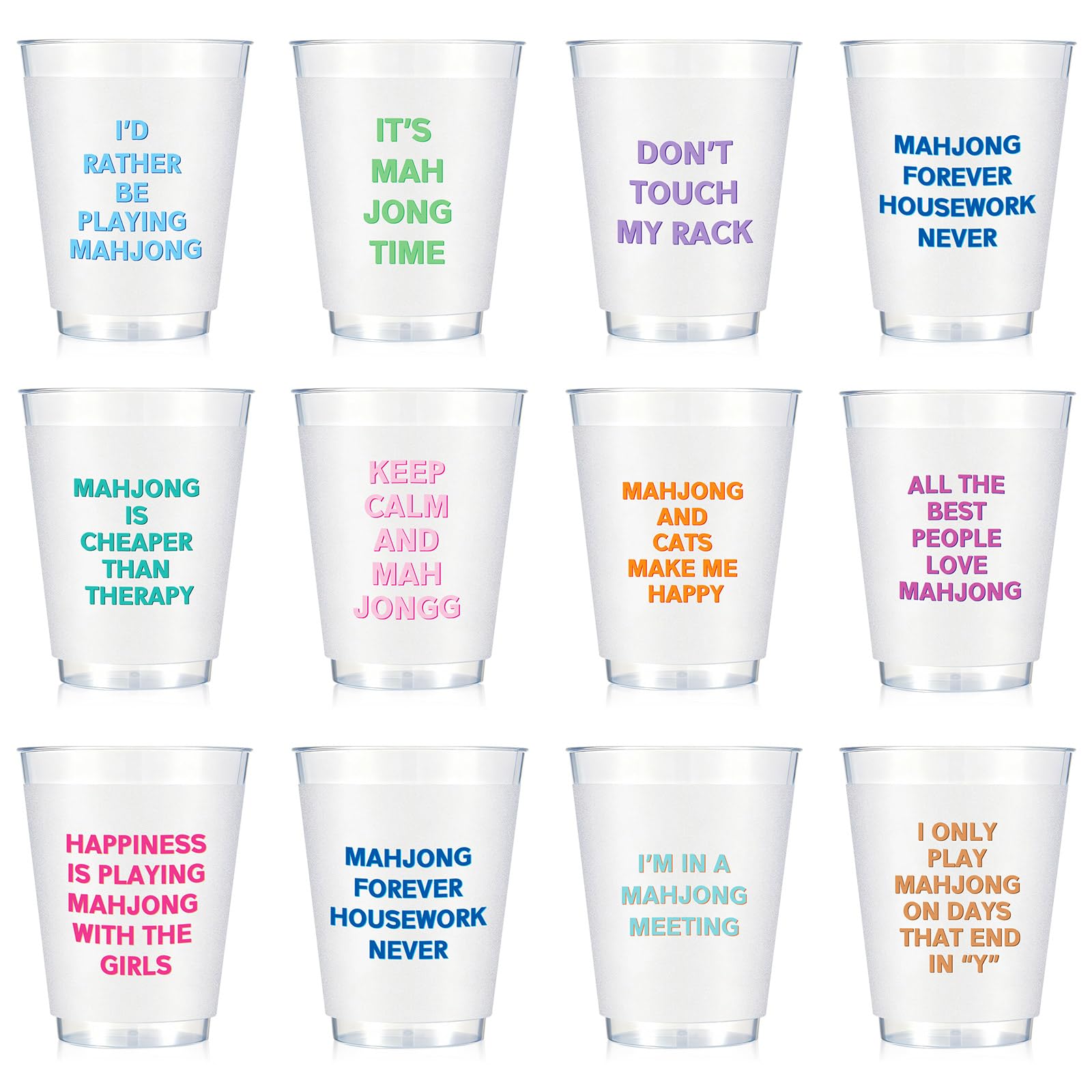 LemonRoad 12 Pcs Mahjong Cups Frosted with Multicolor Funny Phrases Mah Jong Party Supplies Reusable Plastic Mahjong Game Night Cups Gifts for Christmas Birthday Celebration (16 oz,Classic Style)