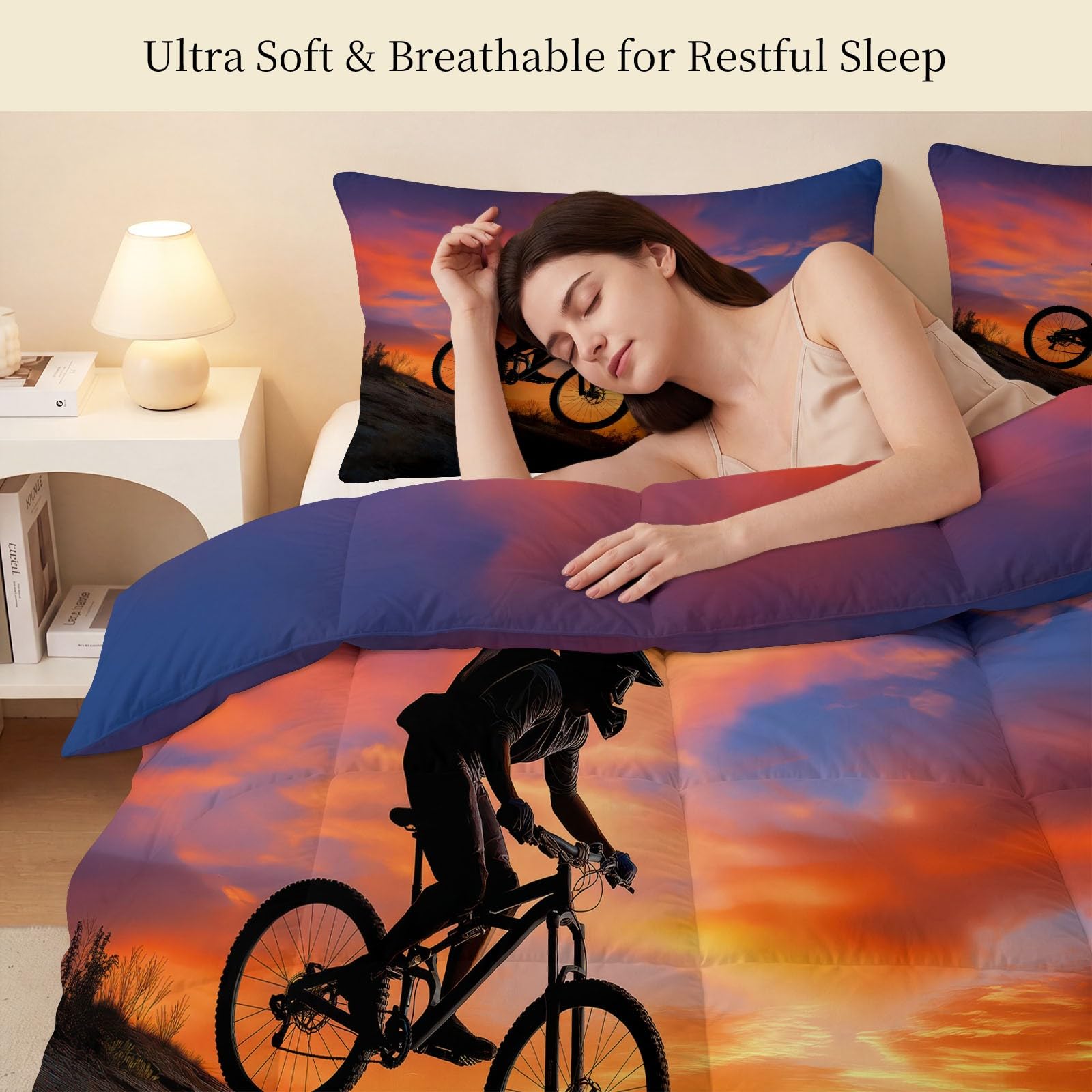 Generisch Piumino da 200 x 200 cm, motivo foresta, tramonto e bicicletta, utilizzabile per 4 stagioni, senza rivestimento, soffice e morbido, per fotografia, ciclismo, lavabile, con federa