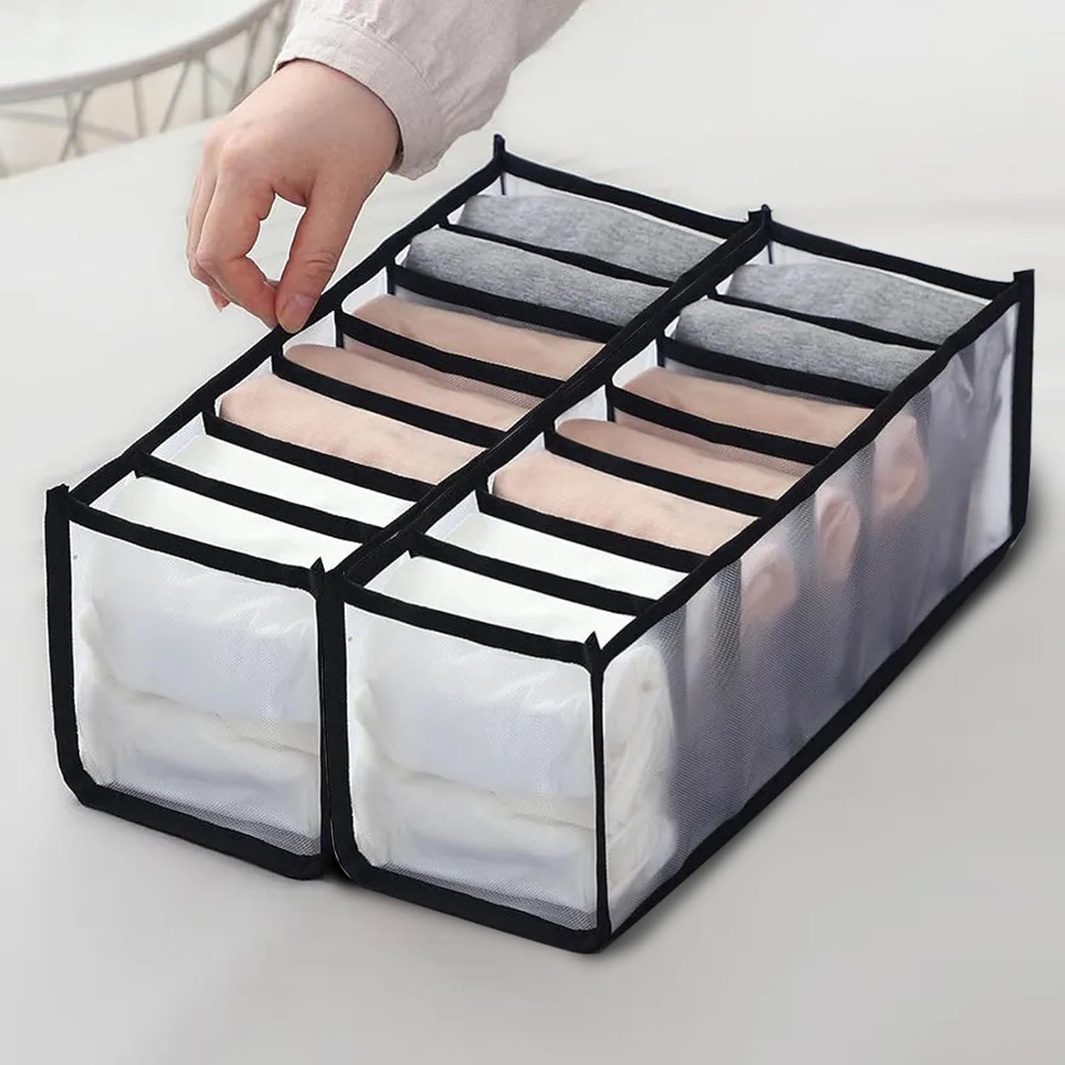 2 Pack Sock Underwear Organizer Dividers, 14 Cell Drawer Fabric Foldable Cabinet Closet Storage Boxes for Ties(Black)