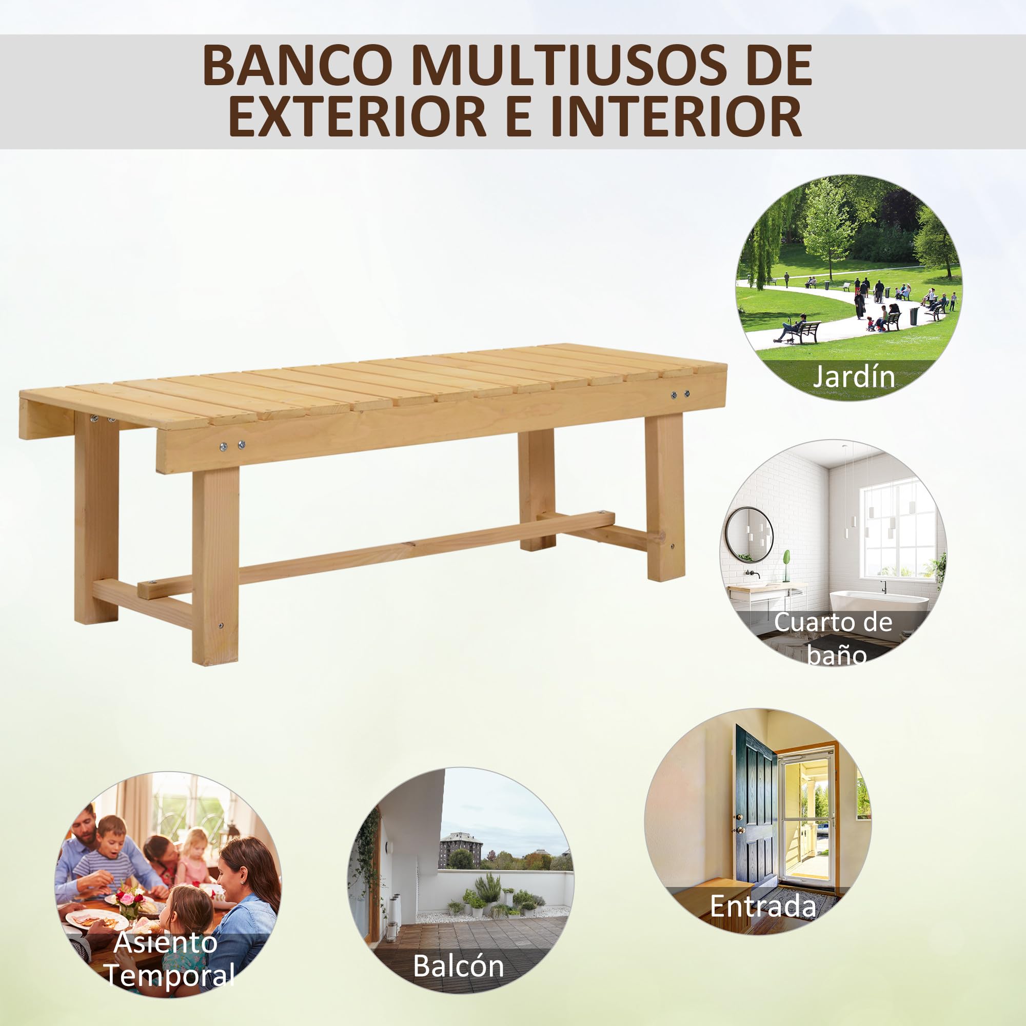 Outsunny Banco de Madera Para Jardín y Terraza 2 Plazas - Carga 250 kg - 110x38x35 cm Natural