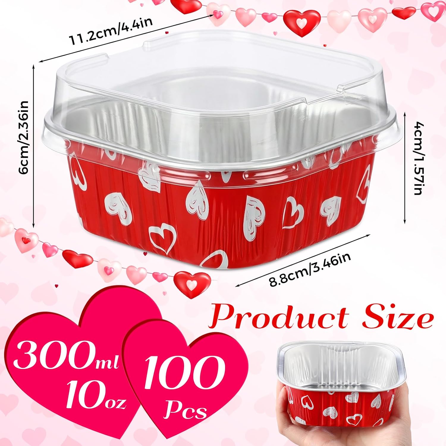 100 Pcs Mother's Day Square Baking Pans with Lids 10oz Aluminum Foil Cupcake Brownie Disposable Baking Cups Individual Tin Dessert Containers(Heart,Red)