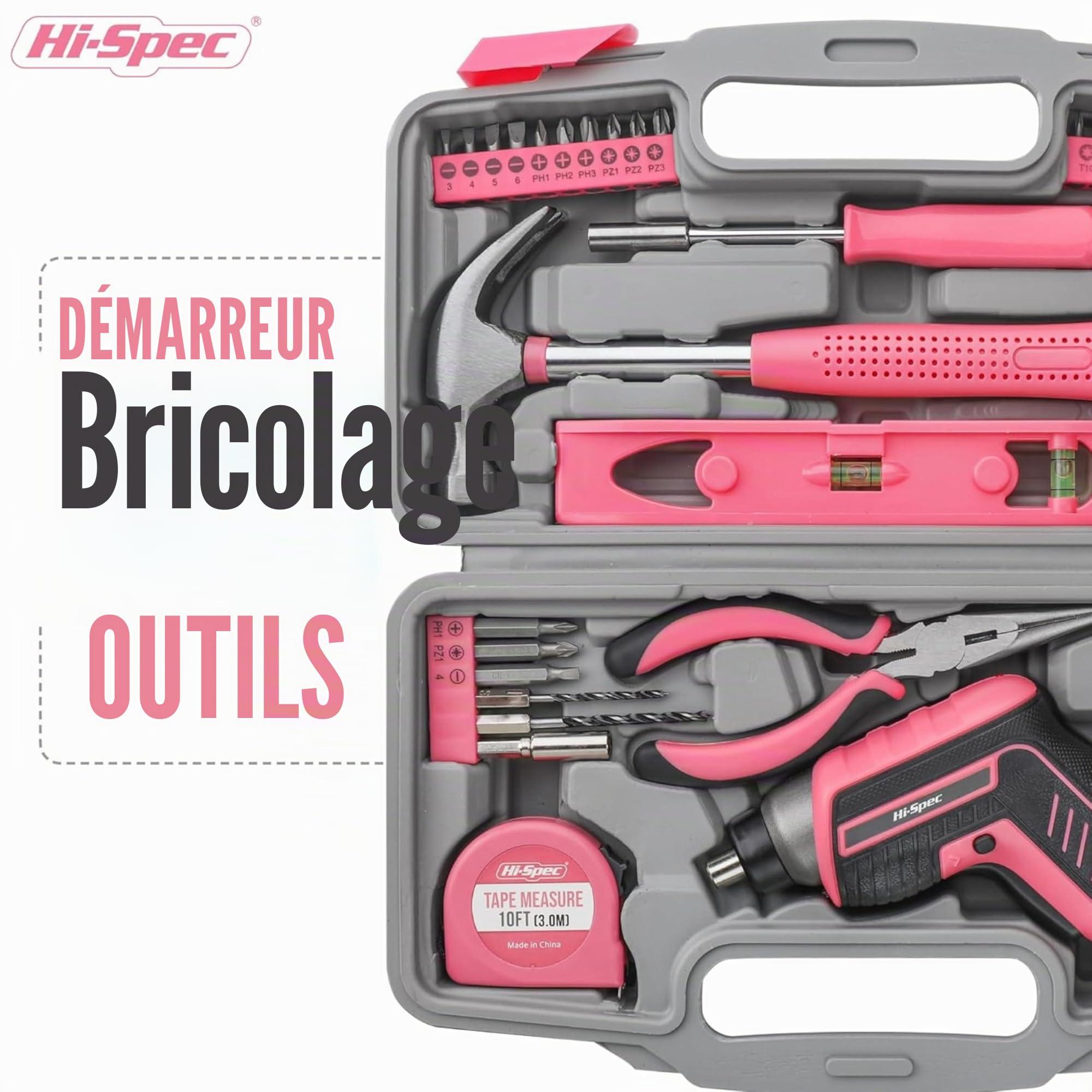 Hi-Spec Tournevis Électrique 3.6V Rose Perceuse Visseuse Devisseuse Sans Fil | 35 pièces, 4 V, 1500 mAh, 4 Nm, foret à bois, mètre ruban, niveau à bulle, couteau universel, chevilles, mallette pratique